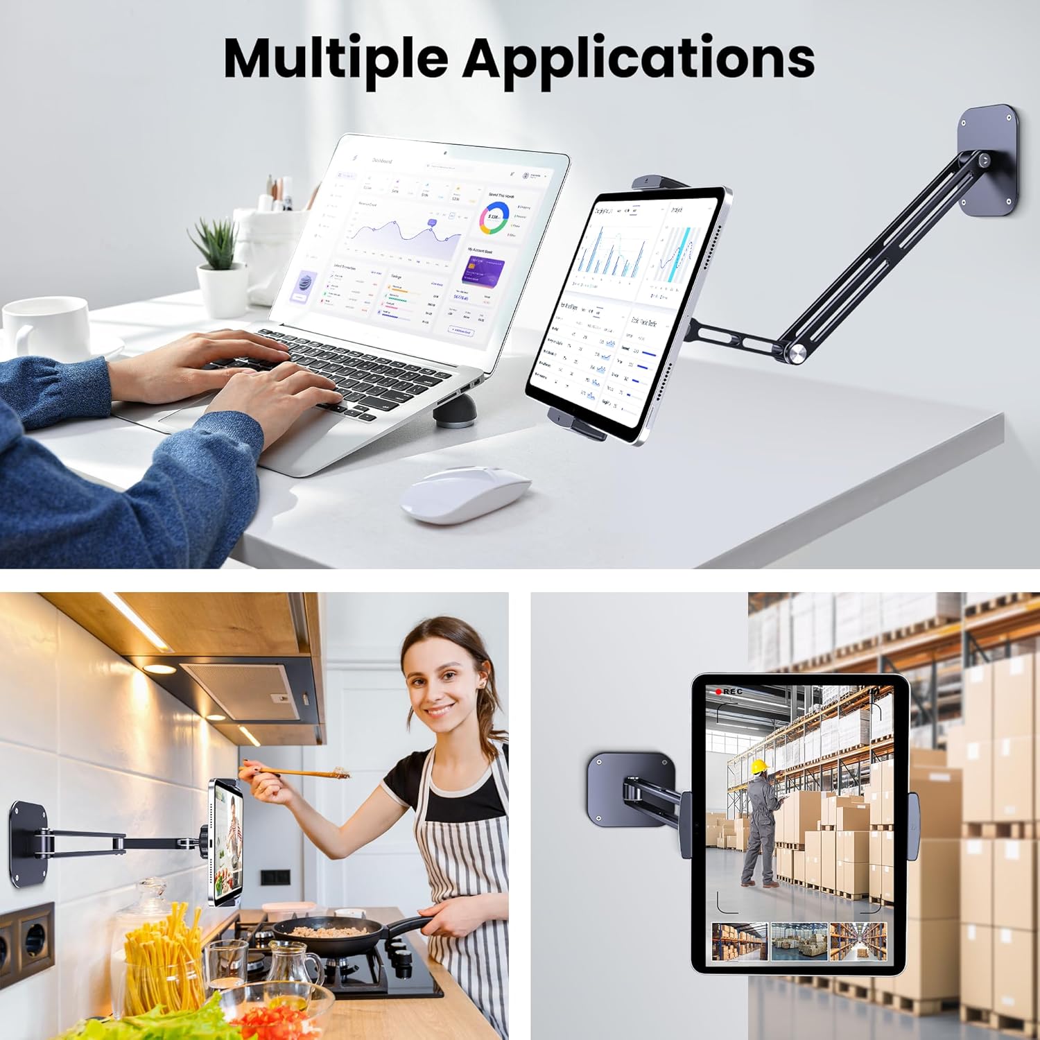 Extended Version Tablet Wall Mount Holder, 15" Aluminium Wall Mount for IPad with 360° Adjustable Rotating Base for iPad Pro Air Mini, Galaxy Tab, All 4.7-13" Phones and Tablets (Long Style)