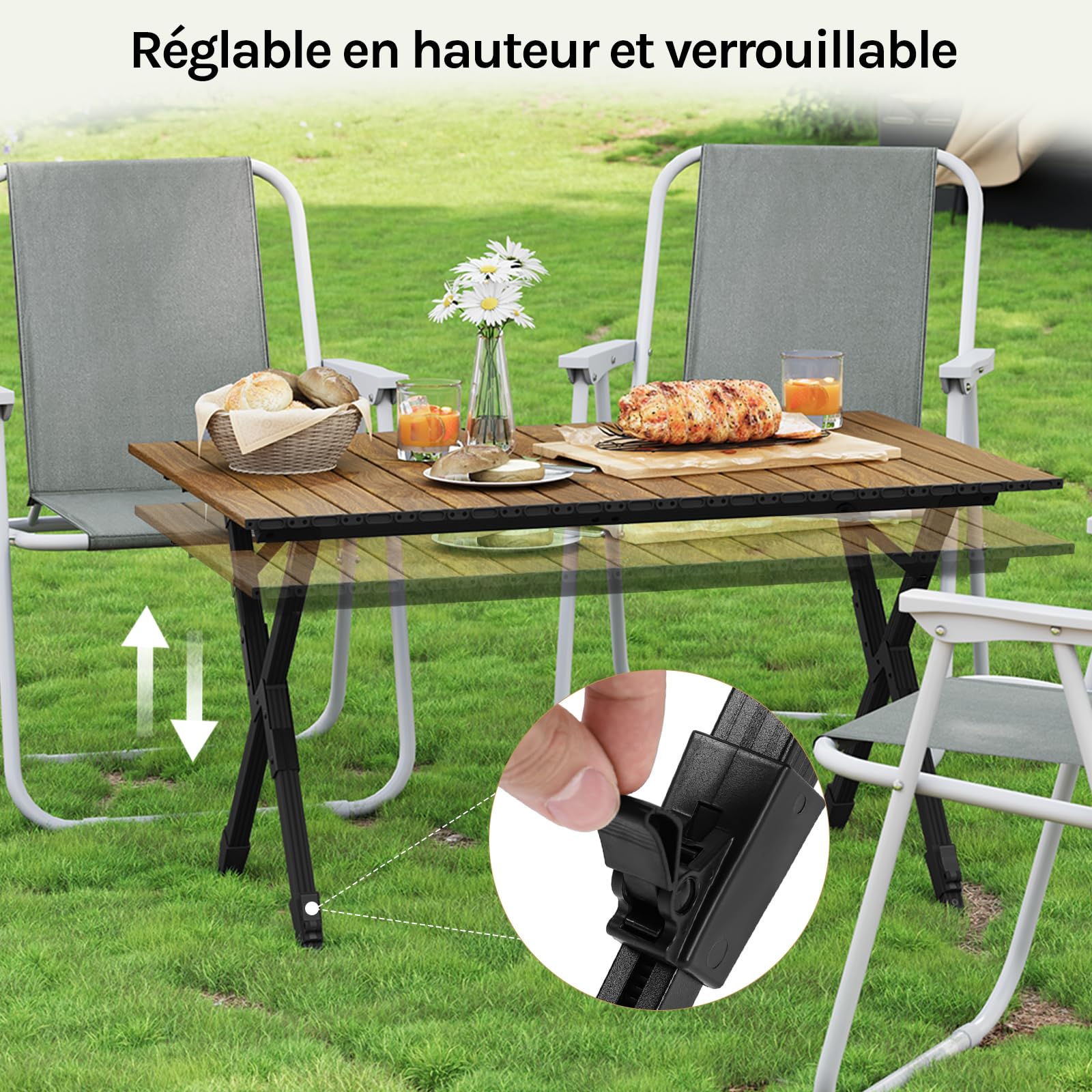 WOLTU Table Camping Pliante, Table Pliante Extérieure, Hauteur Réglable, Portable, Léger, Sac de Rangement, en Aluminium, pour Jardin, Pique-Nique, Charge 50kg, Chêne Clair