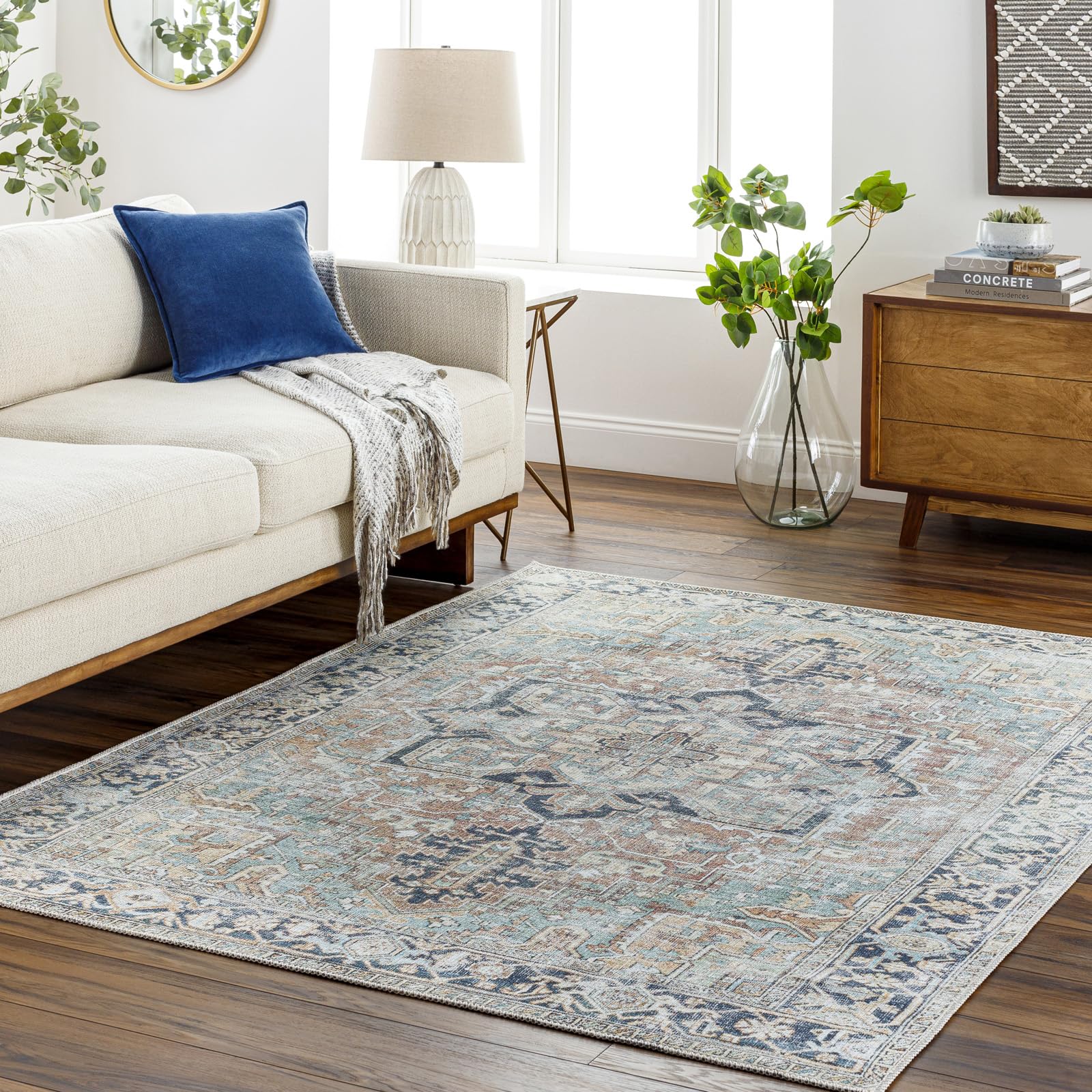 Livabliss Dido Luxor Machine Washable - Vintage Area s Living Room, Large 160x213 cm - Traditional Boho Style, Dining Room, Kitchen, Outdoor, Hallway - Rust and Blue