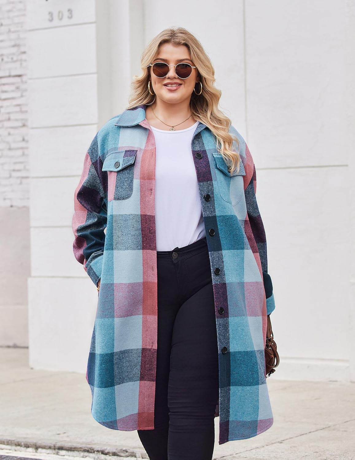 IN'VOLAND Womens Plus Size Flannel Plaid Shirts Long Sleeve Lounge Lapel Boyfriend Button Down Tartan Long Jacket Coats - Image 5