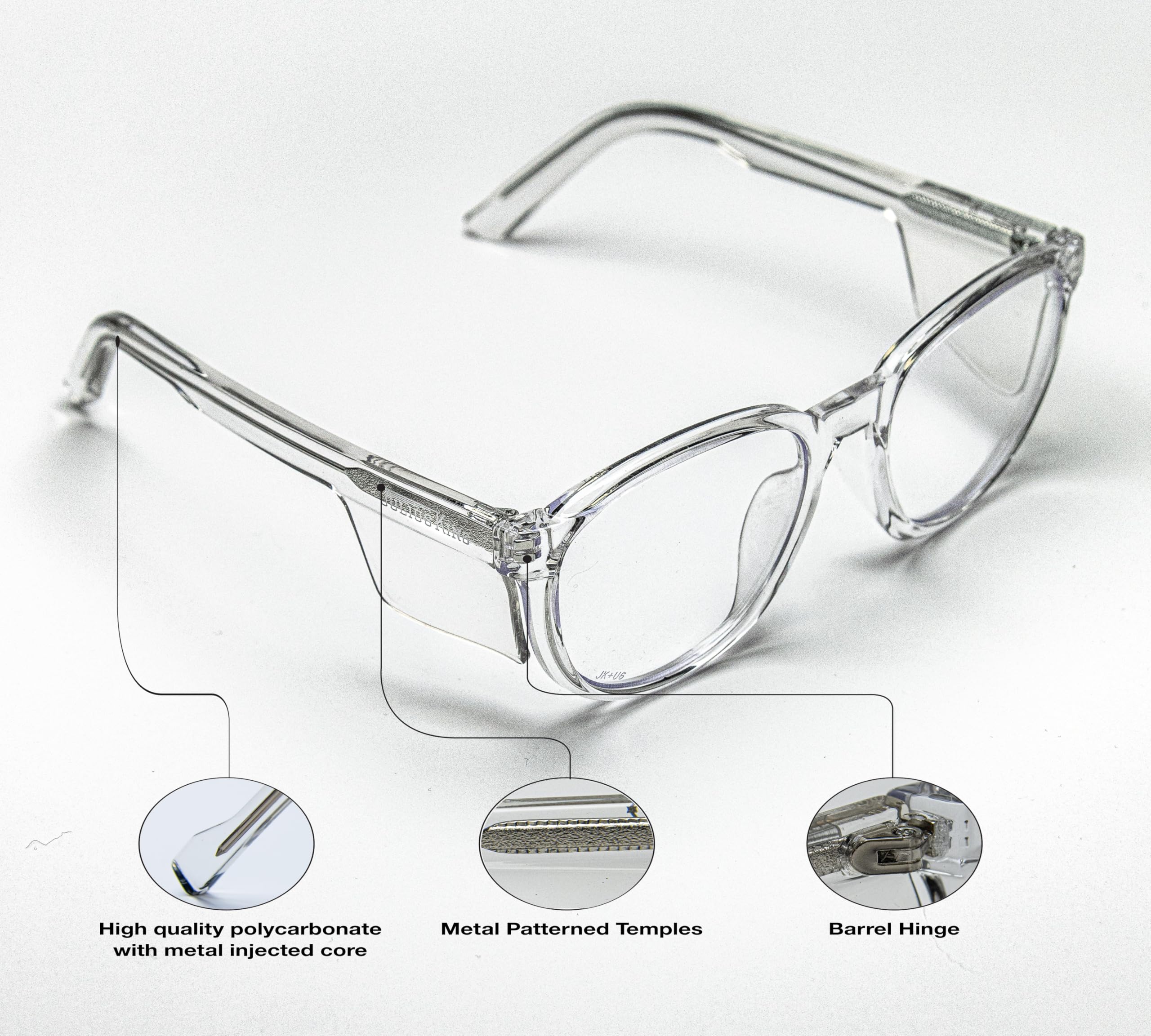 Julius King Gafas de seguridad con protección lateral con certificación Z87+, marco redondo, revestimiento antivaho, antirreflejos, resistentes a los arañazos, duraderas y elegantes, gafas para