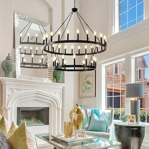 Miniatura 3 de Candelabro de 2 niveles con ruedas grandes de carro, 36 luces de 48 pulgadas, lámpara colgante rústica redonda para comedor, cocina, isla de