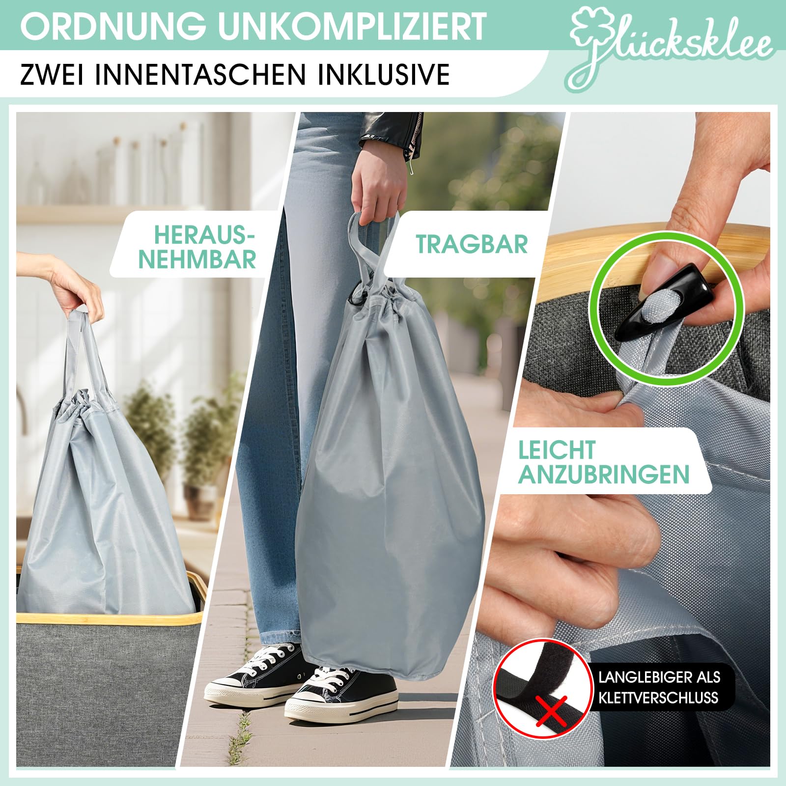 Glücksklee Pfandflaschen Sammelbehälter 160L mit zwei Fächern und FSC-zertifiziertem Bambus (Grau)