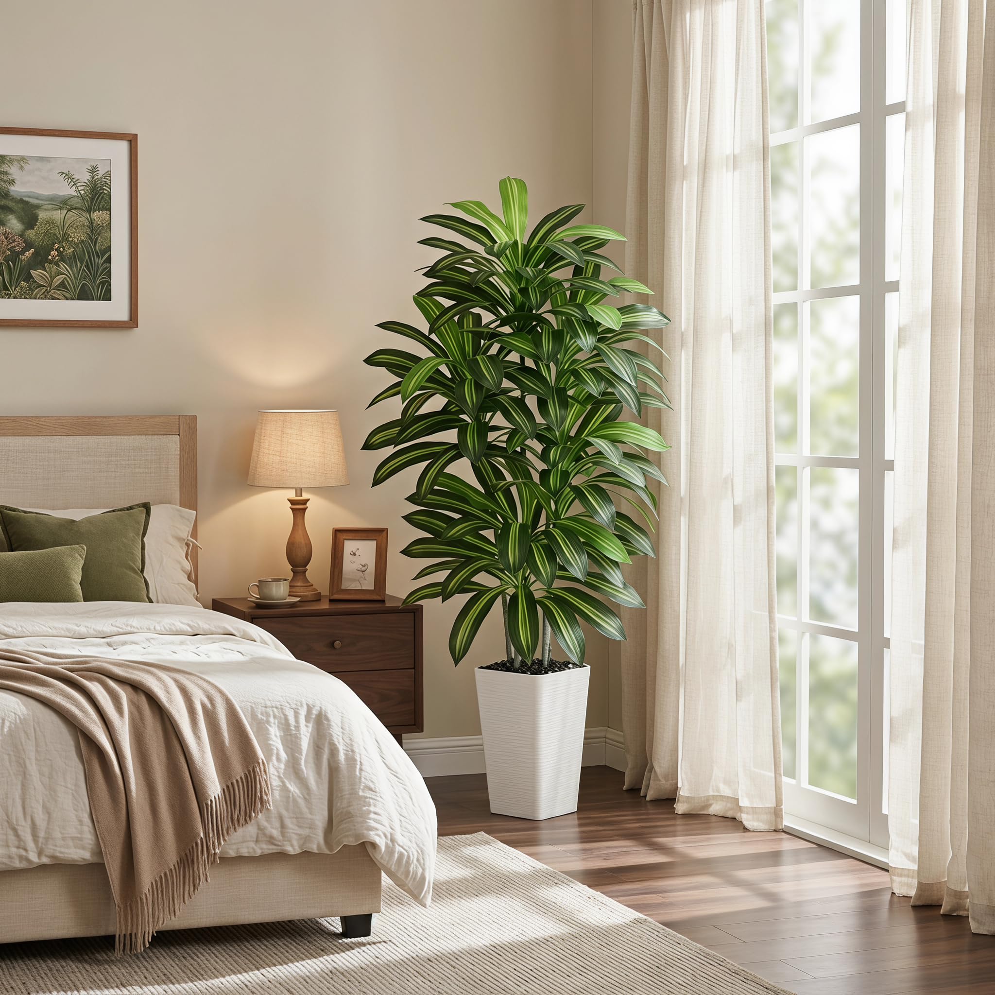 Künstliche Drachenbaum Pflanzen 180cm, Dracaena Kunstpflanzen Groß wie echt | Kunstbaum mit 120 Blätter, Weißer Topf mit Kieselsteine, Fake Pflanzen für Wohnzimmer Schlafzimmer Büro Balkon Indoor Deko