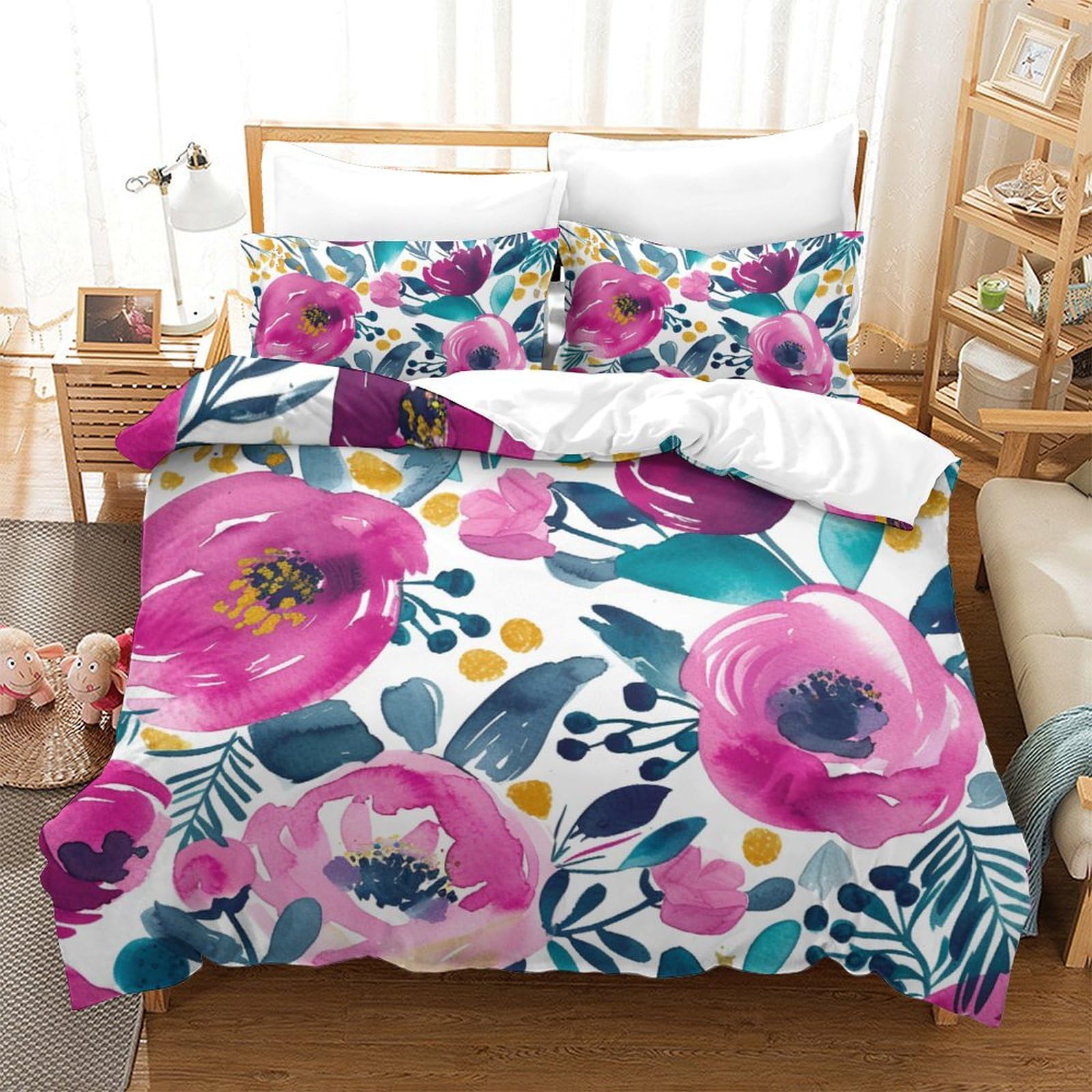Housse de couette fleurs aquarelle 3D parure de lit King en microfibre d'une douceur absolue