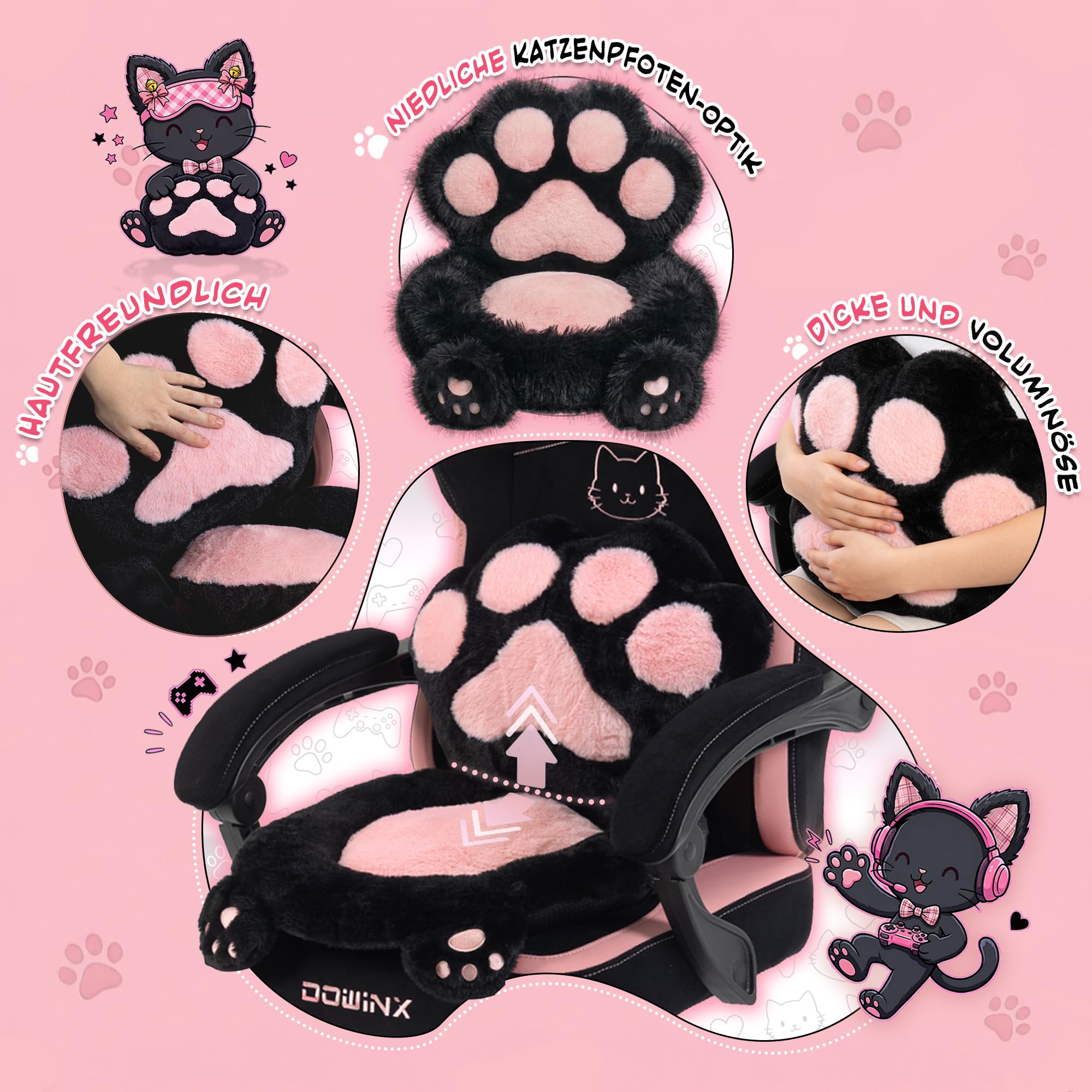 Dowinx Gaming Stuhl Ergonomisch mit Fußstütze, Katzenpfoten Gaming Chair aus Stoff, Flügelloses Sitzdesign, Verstellbarer Gamer Stuhl & PC Stuhl, Gaming Stuhl rosa Katze, für Erwachsene,rosa schwarz