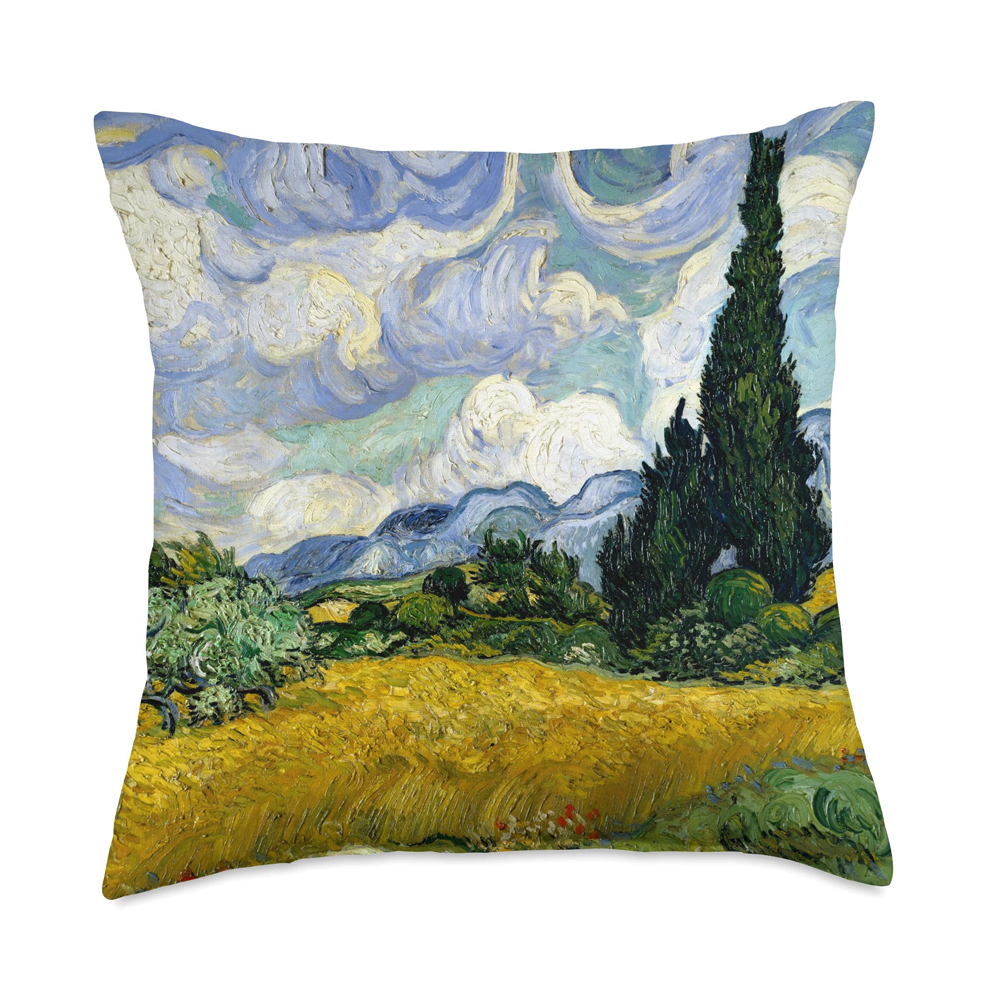 Smooth HQ Van Gogh Wheat Field with Cypresses Famous Art Stylish Throw Pillow, 18x18, Multicolor