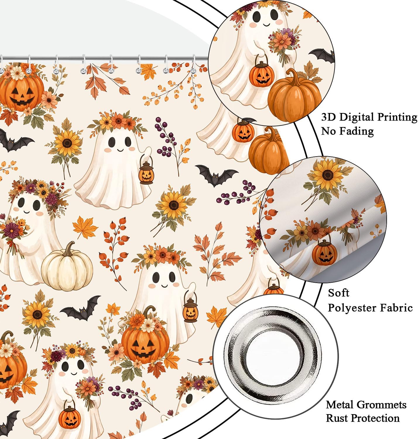 Fall Funny Ghost Shower Curtain, Halloween Pumpkins Harvest Autumn Shower Curtains for Bathroom, Orange and Beige Maple Leaf Spooky Decor Fabric Shower Curtain Sets 12 Hooks 72X72 in