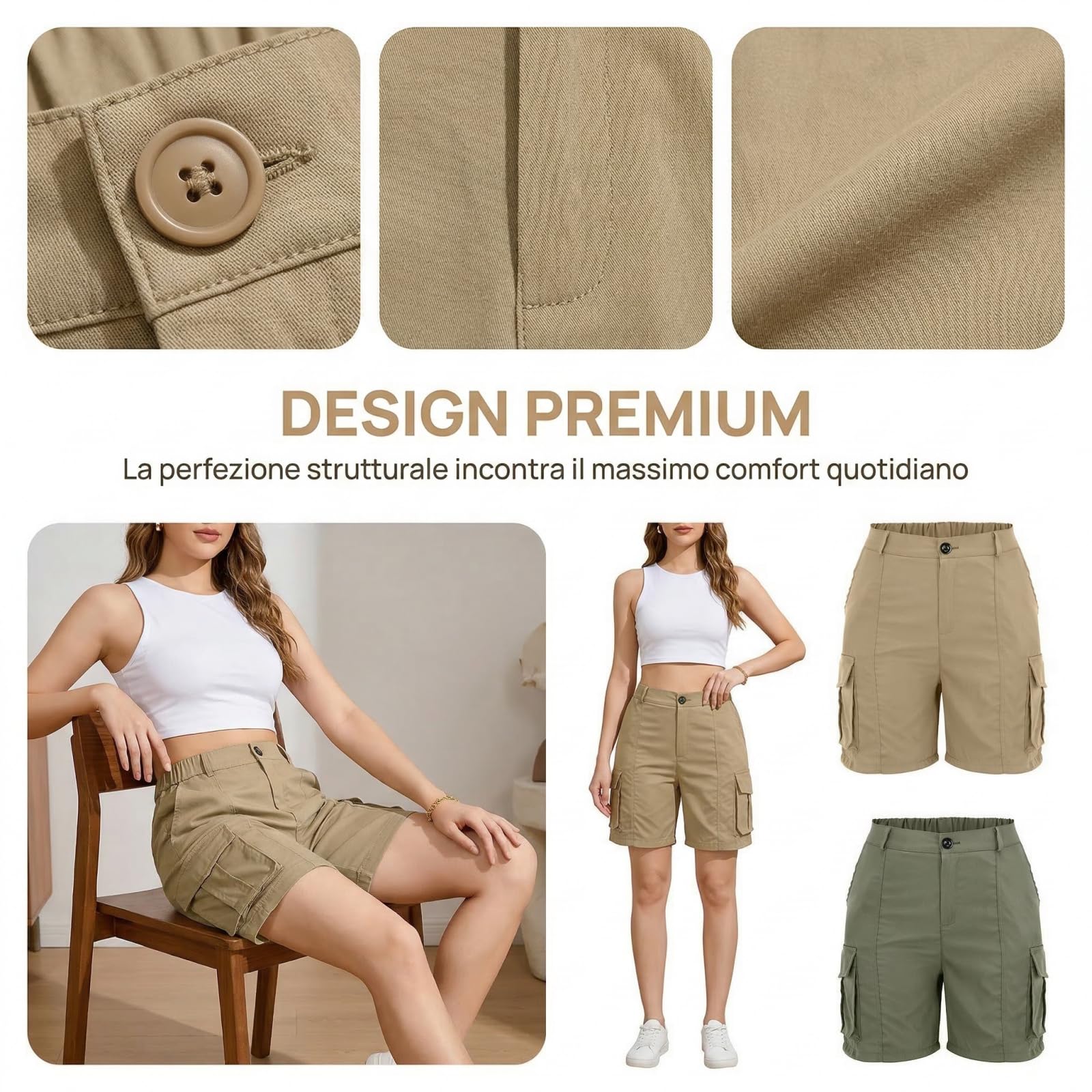 Generico Bermuda Donna Estivi Cargo Pantaloncini Vita Elastica Leggeri Escursionismo Casual Esterno Asciugatura Rapida Pantaloni Corti per Viaggi Escursioni con 4 Tasche