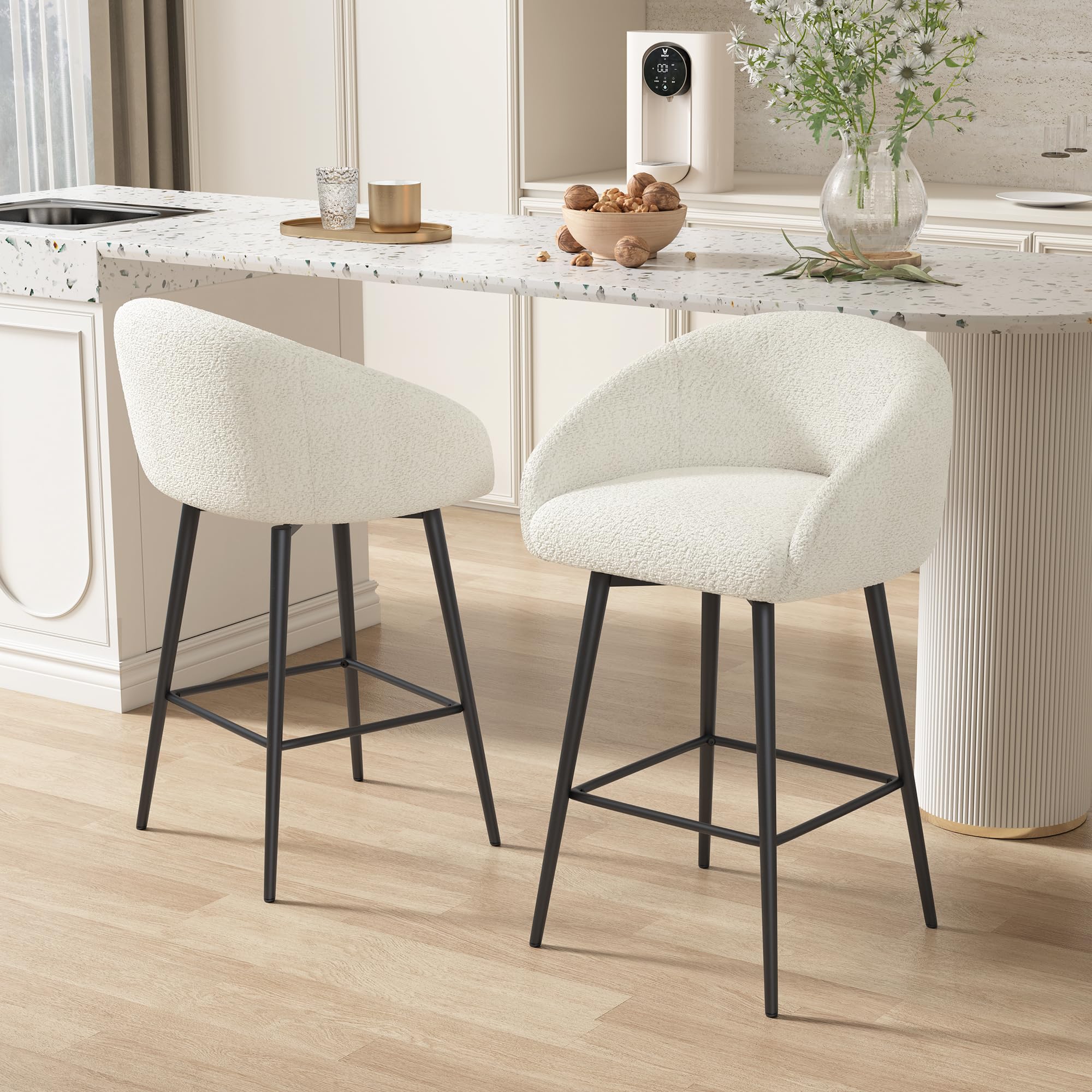 Counter Height Bar Stools Set of 2, 27.9" Seat Height Upholstered Swivel Bar Stools with Back, Modern Sherpa Fabric Kitchen Counter Stools with Metal Base, Fabric in White