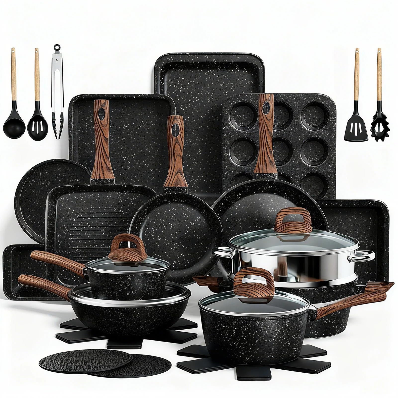 Terlulu Pots and Pans Set Non-Stick, 31PCS Induction Hob Cookware & Bakeware Set, Induction Pan Set with Frying Pans, Grill Pan & Saucepans W/Lids, Black Granite Kitchen Cooking Set, PFOA & PFOS Free
