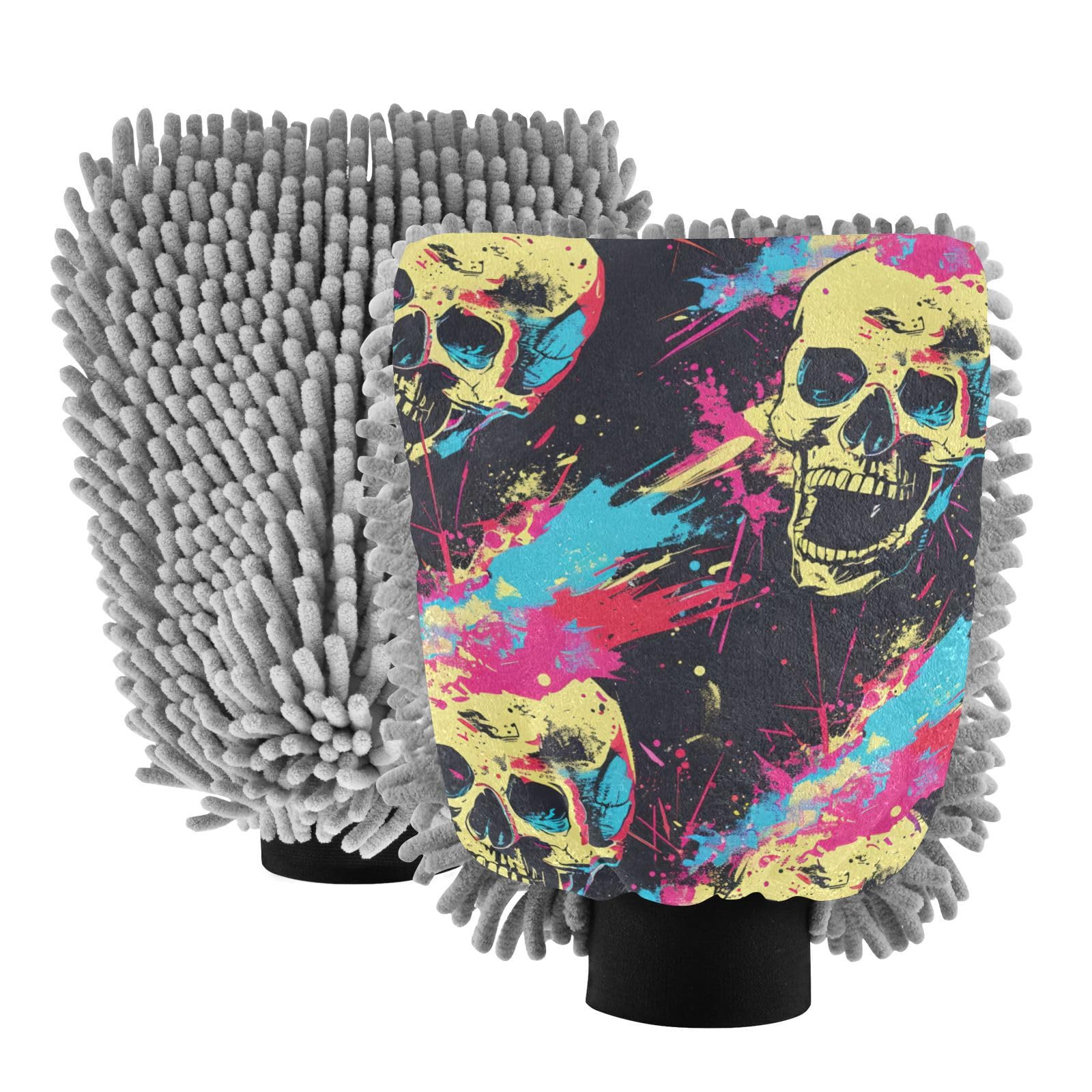 IOACIY Absorbent Microfiber Car Wash Drying Mitts, 2 Pack, Scratch-Free & Lint-Free, Rich Foam, Highly Absorbent, Double Sided, Wash Mitt Perfect for Car Washing, L, Skull (7)