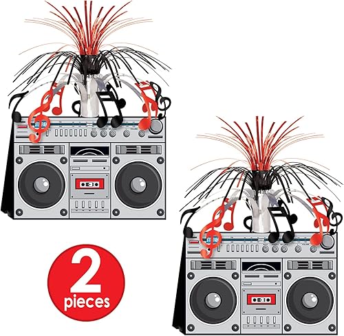 Miniatura 3 de Beistle Paquete de 2 centros de mesa Boom Box, decoraciones de fiesta temática de la era de los años 80, decoración de mesa de fiesta musical de