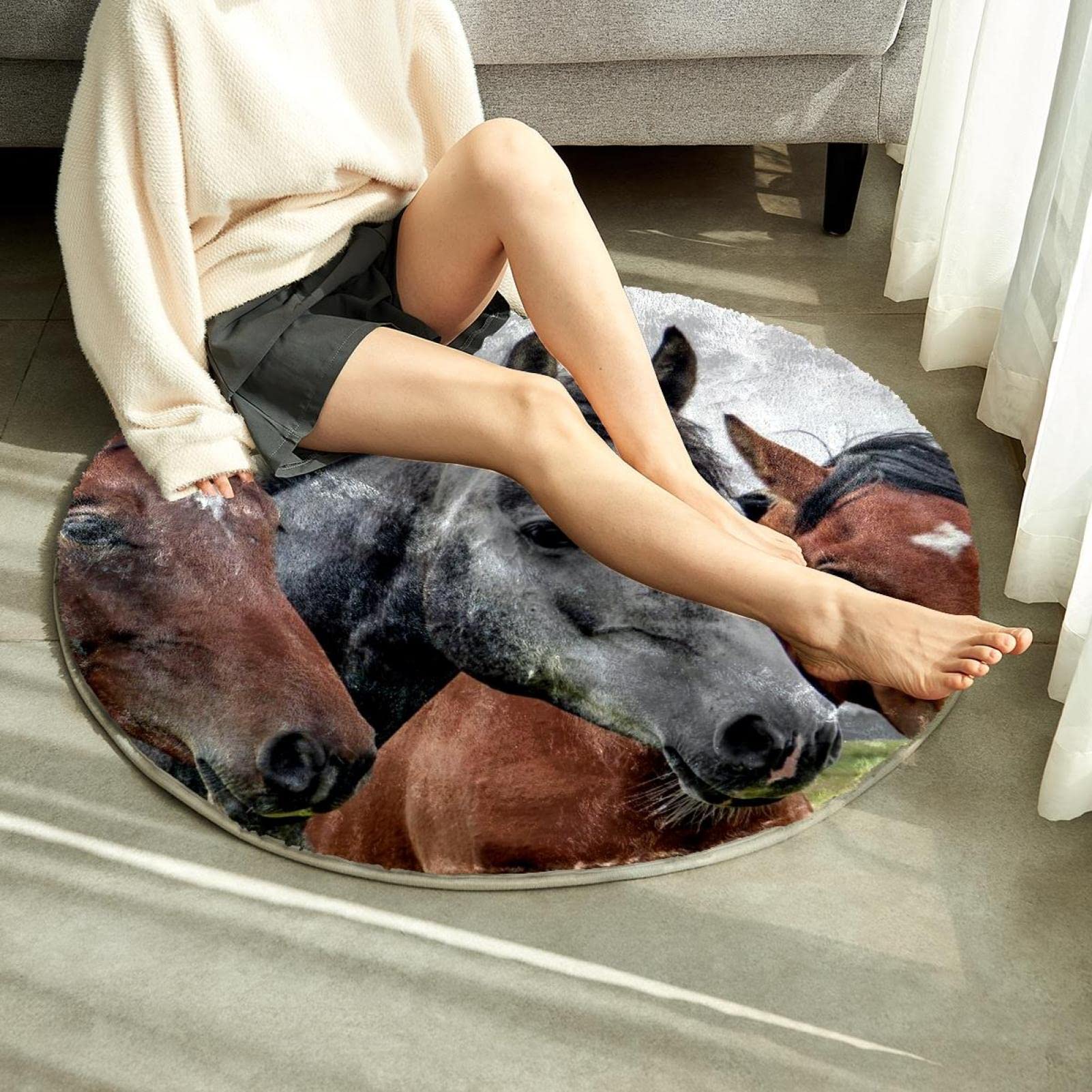 Alfombras de área esponjosas personalizadas, alfombra circular de felpa para el suelo, alfombra de pelo sintético con cabeza de caballos, animales
