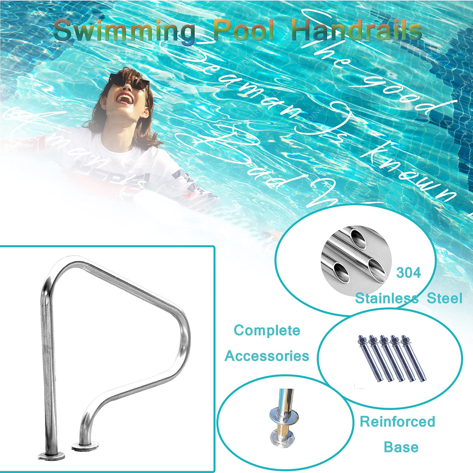 Barandilla de piscina de 31 x 31 pulgadas Barandilla de piscina de acero inoxidable 304, plateada, a prueba de óxido, barandilla de piscina humanizada, juego completo de accesorios (1 pieza)