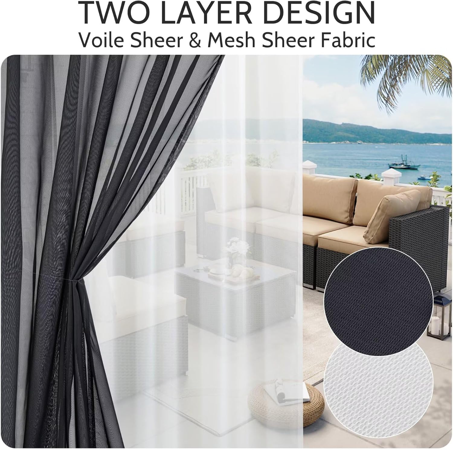 Outdoor Sheer Curtains for Patio - 2 Layer Waterproof Voile Sheer and Breathable Mesh Net Privacy Added Light Filtering Curtain for Porch Yard Pergola, 2 Panels Black 52W x 108L Inch