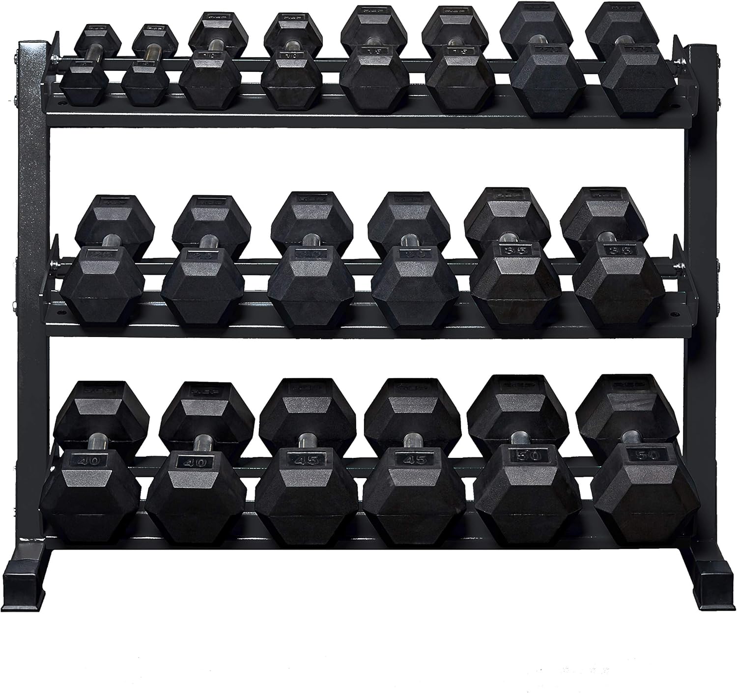 Rep Rubber Hex Dumbbell Sets with Racks. 5-50, 5-75, or 5-100 LB Sets available with Black, Blue or Red Racks to Match your Home Gym. For Strength Training, Conditioning, and Full-Body Workouts.