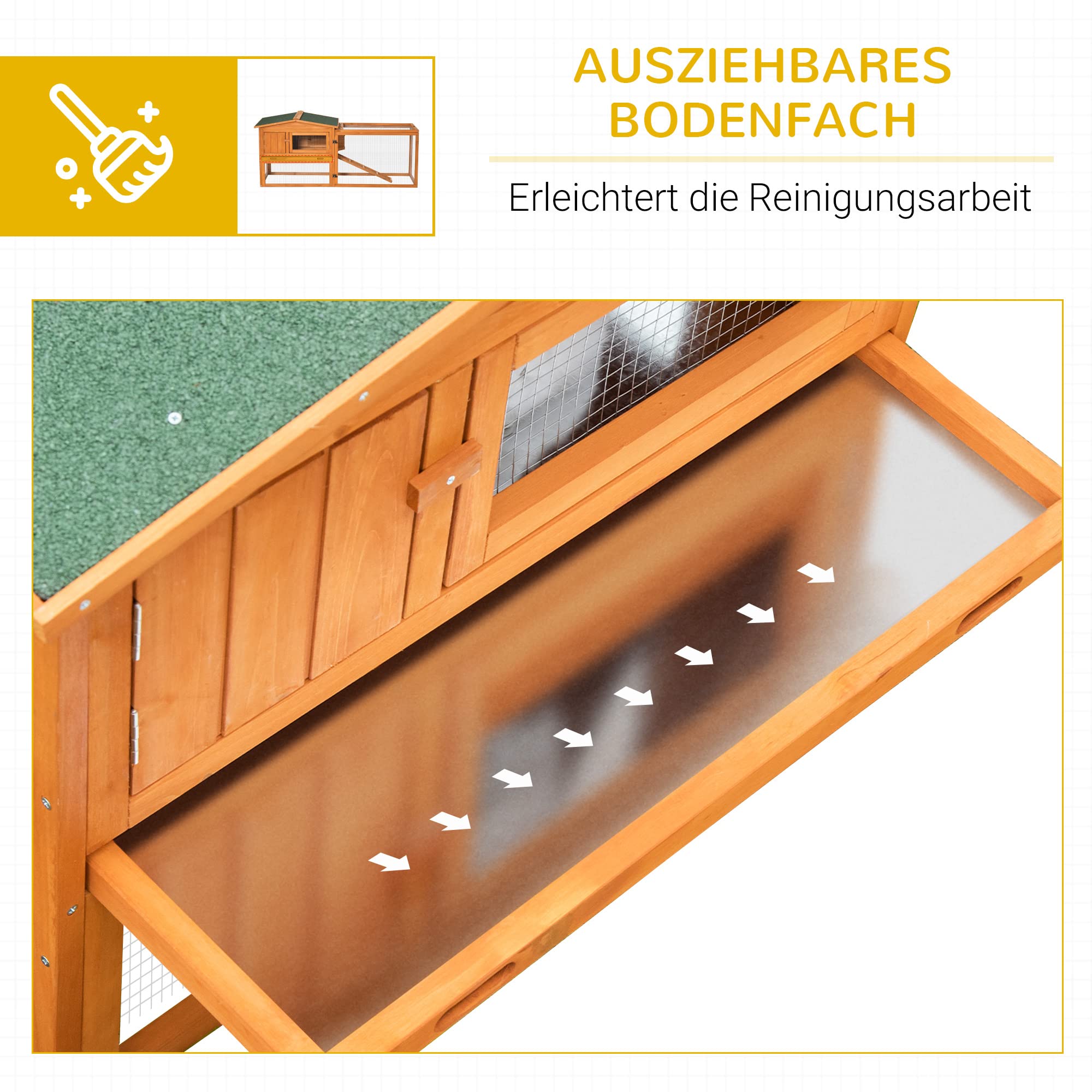 PawHut Hasenstall 2 Ebenen Wetterfest Kaninchenstall aus Holz mit Freilaufgehege Herausnehmbarem Tablett mit aufklappbarem Deckel Sichtfenster 156x58x68 cm Kaninchenkäfig für Indoor Outdoor Orange
