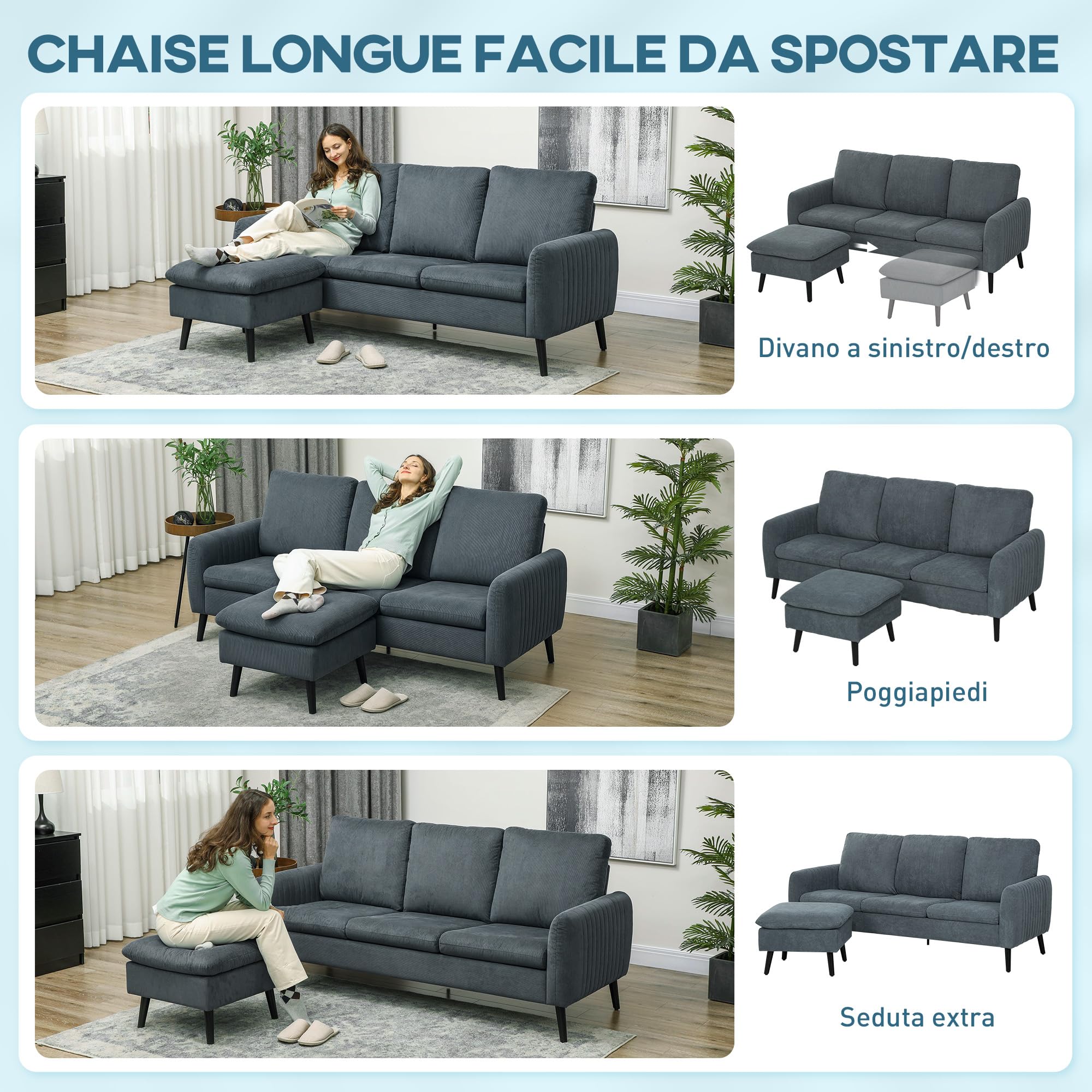 HOMCOM Divano Angolare 3 Posti, Divano ad Angolo con Chaise Longue Reversibile 196x140x88 cm, Divano a L Modulare con Poggiapiedi Rimovibile in Tessuto a Coste per Salotto e Soggiorno, Grigio Carbone