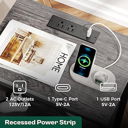 Miniatura 6 de Huuger Juego de 2 mesitas de noche de 27.6 pulgadas con estación de carga, mesas auxiliares con cajones de tela, mesitas de noche con puerto USB y