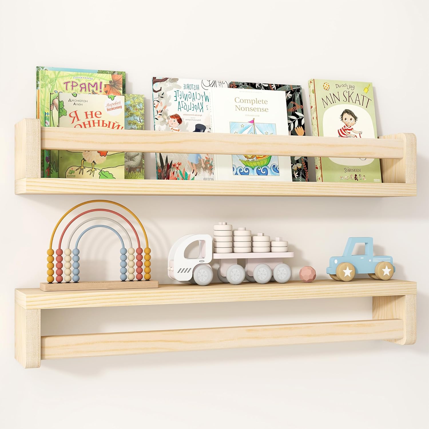 Fun Memories Nursery Book Shelves Set of 2, 24 Inch Solid Wood Wall Book Shelves, Kids Room Floating Shelves Organizer & Toy Storage, Natural Nursery Decor