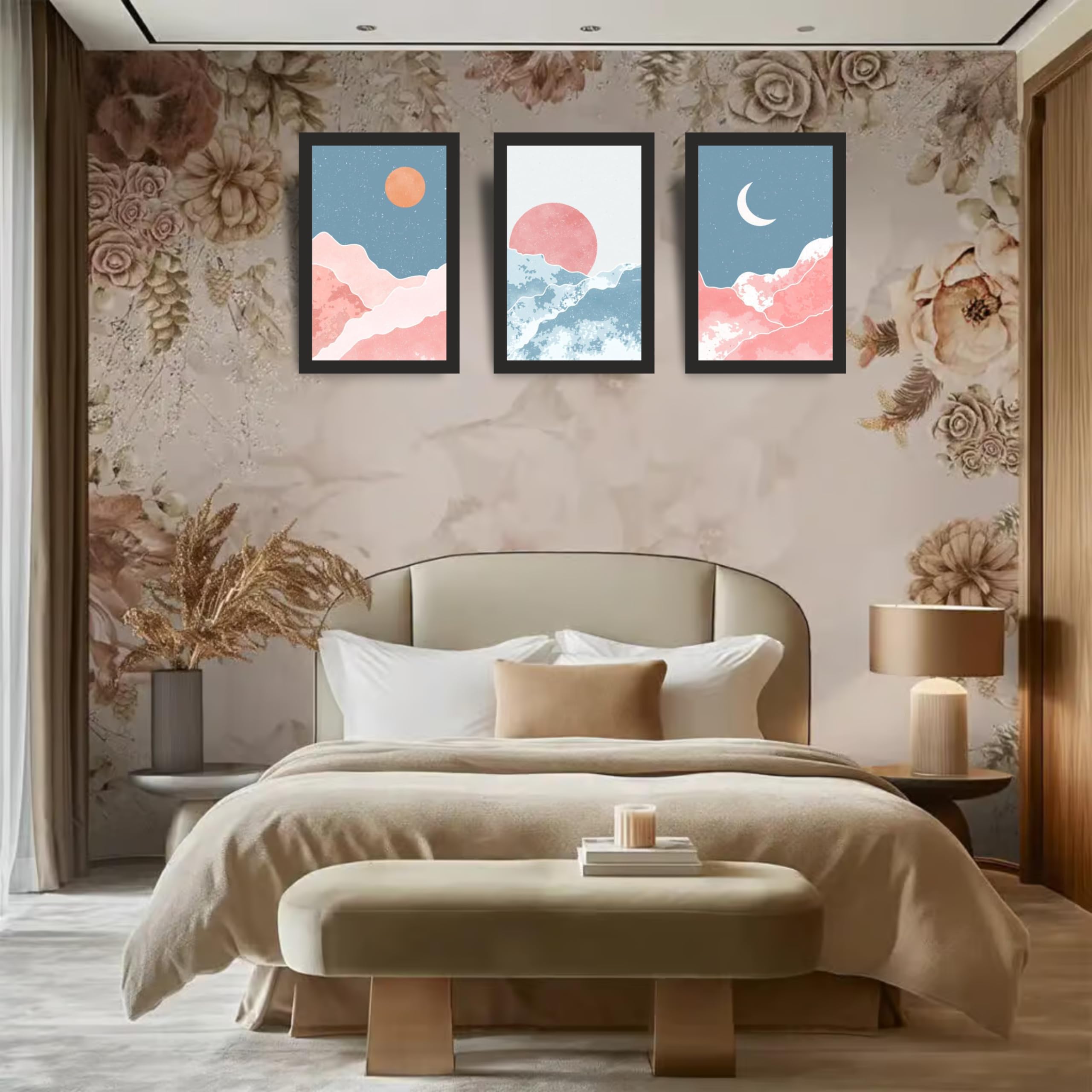 Minimal Moon & Ocean Landscape Wall Art Set of 3 Frames