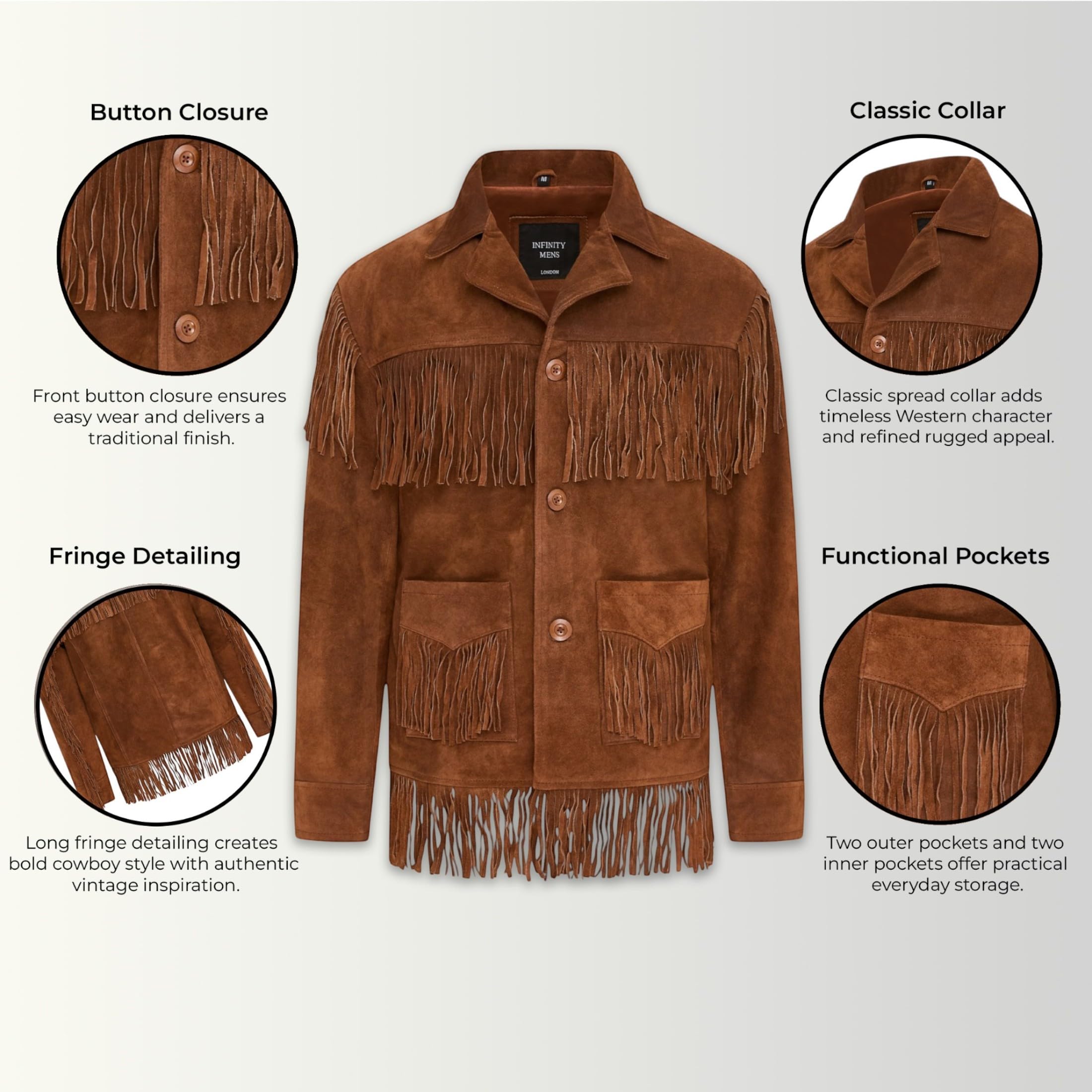 Giacca da Cowboy da Uomo in Pelle Scamosciata Stile Western Con Frange
