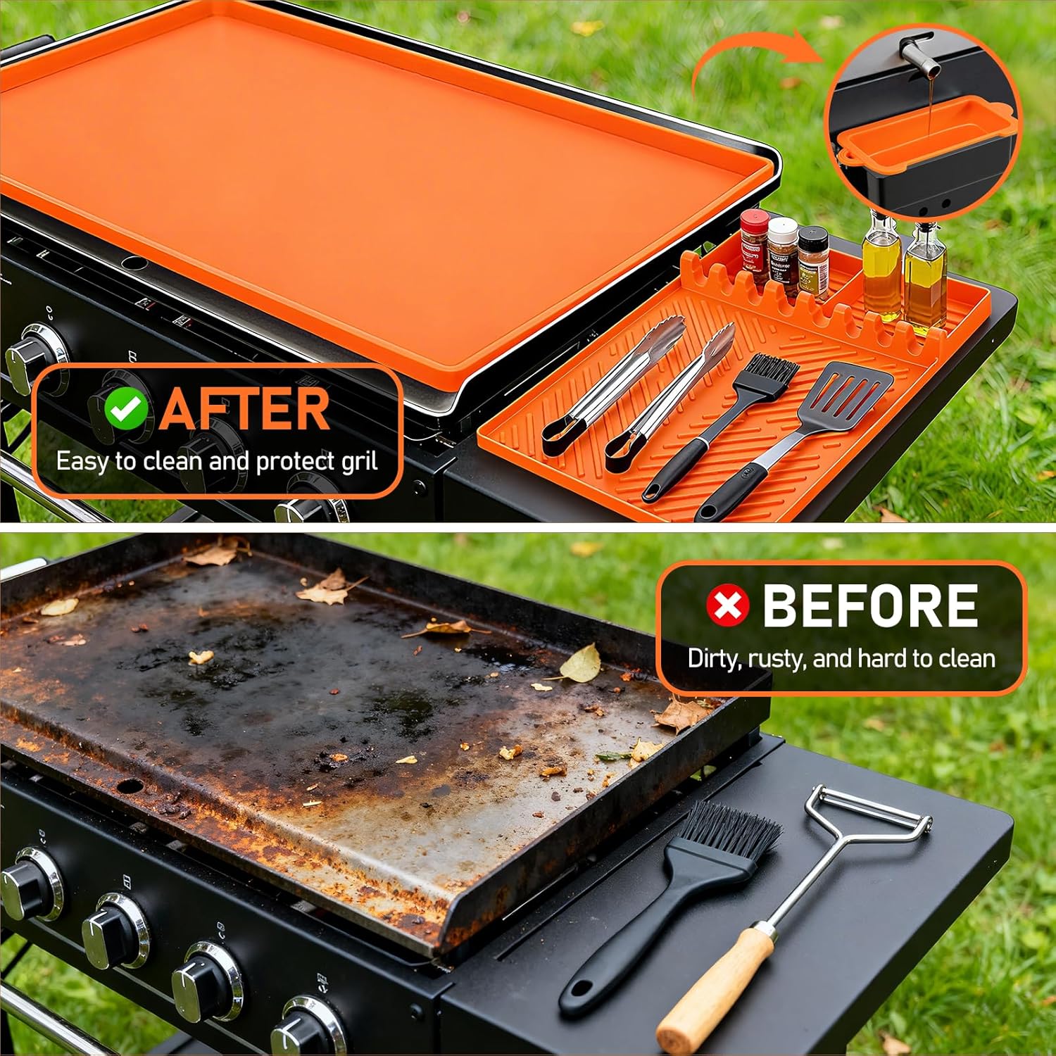 4 Pcs Blackstone Accessories for Griddle - 36" Blackstone Silicone Mat, 2x16 Spatula Mats & Grease Cup Liners, Food Grade Silicone Grill Cover Full-Edge Protect for All-Season Outdoor Use, Orange