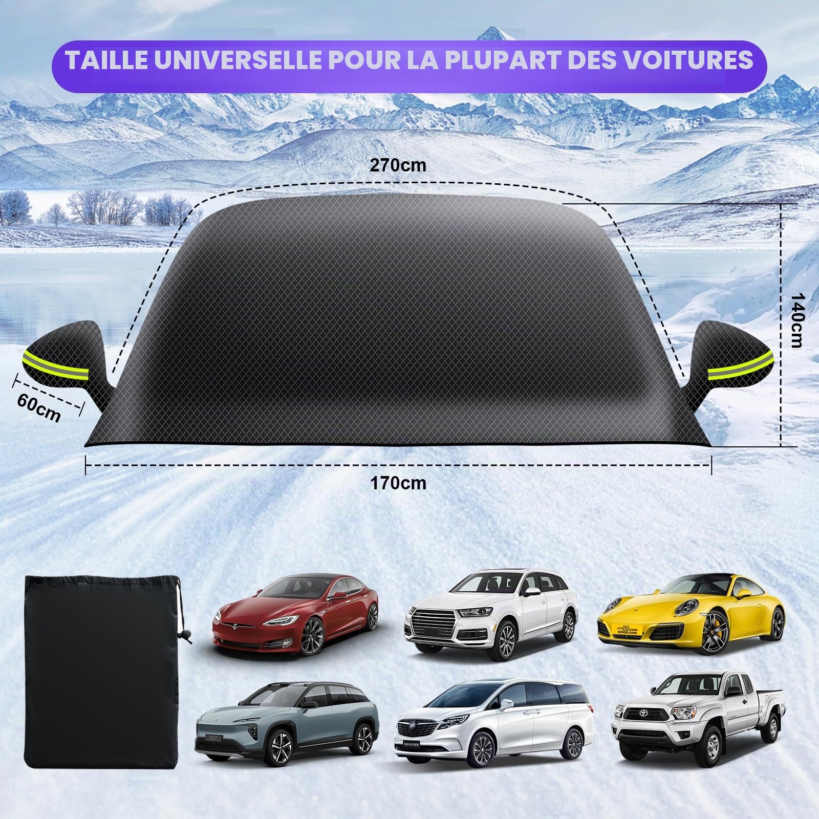 Couverture Pare-Brise Voiture, Protege Pare Brise Givre, Protection Pare Brise Hiver, Universelle Imperméable Bache Pare Brise Voiture, Antineige, UV, Pare-Poussière, 300 x 145 CM