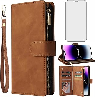 Asuwish Compatible with iPhone 14 Pro Max 6.7 inch Wallet Case Tempered Glass Screen Protector and Flip Cover Card HolderCell Phone Cases for iPhone14promax 5G i Phone14Max Plus iPhone14 ProMax Brown