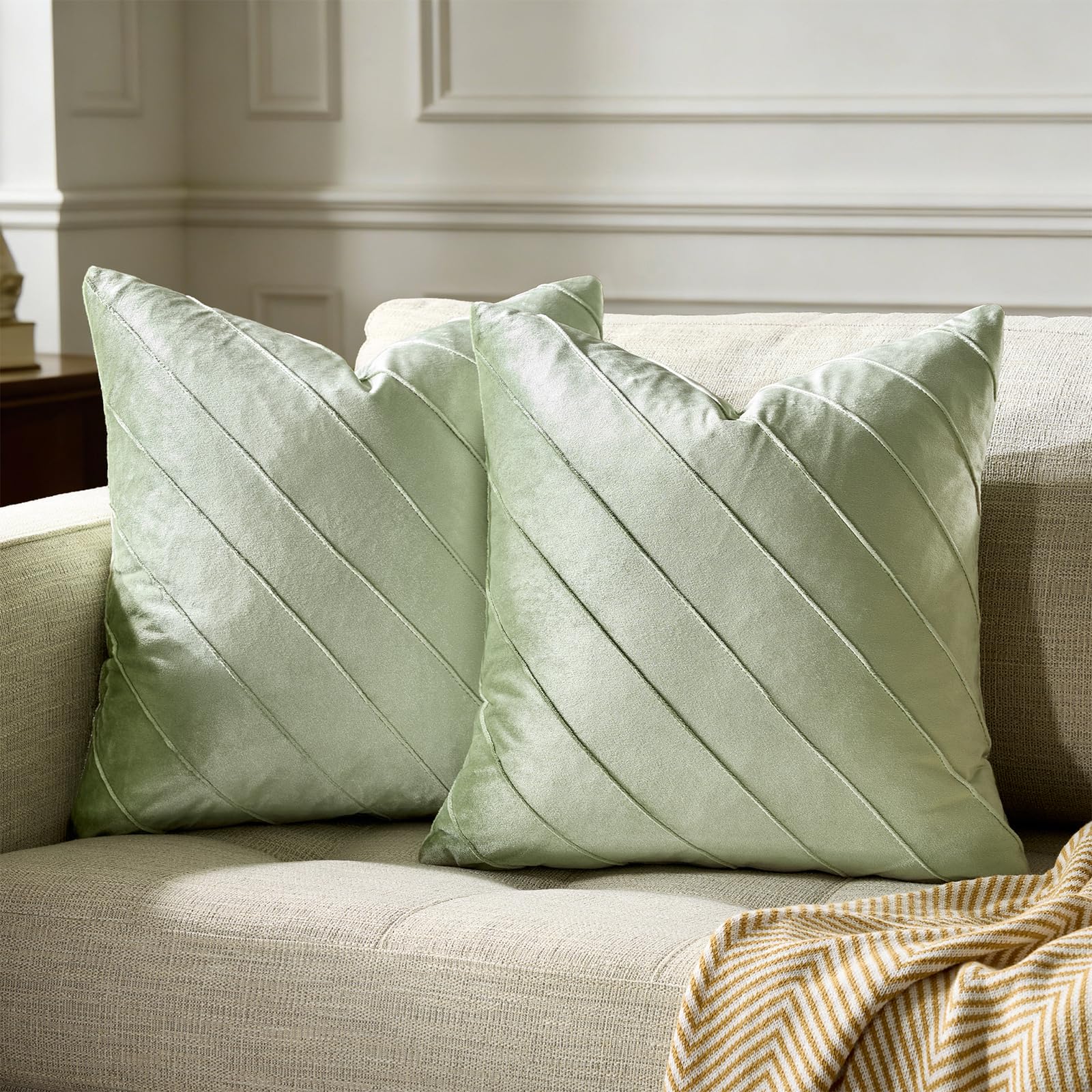 Housse de coussin pour canapé salon en velours côtelé vert sauge 50,8 x 50,8 cm moderne