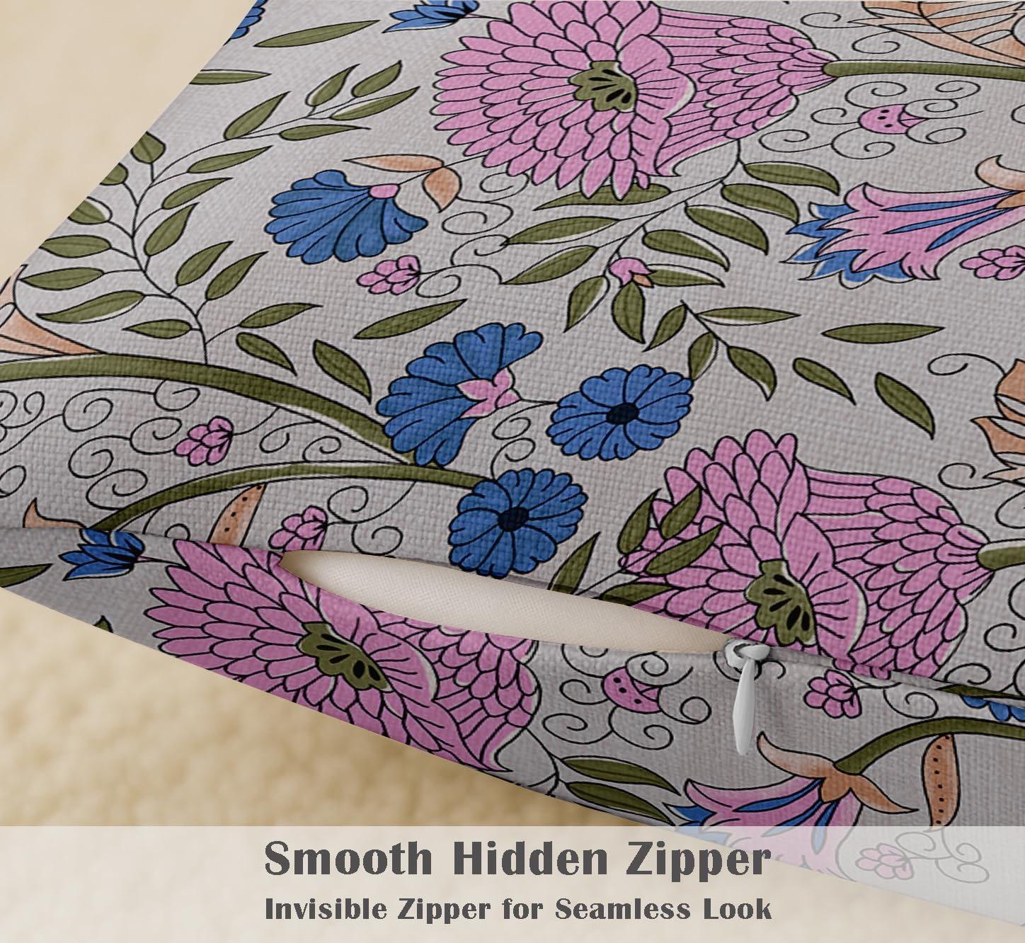 16x16, Cotton Cushion Covers Set of 4 Printed Throw Pillow Covers with Hidden Zip, Double Sided Design - Pink, Floral Design