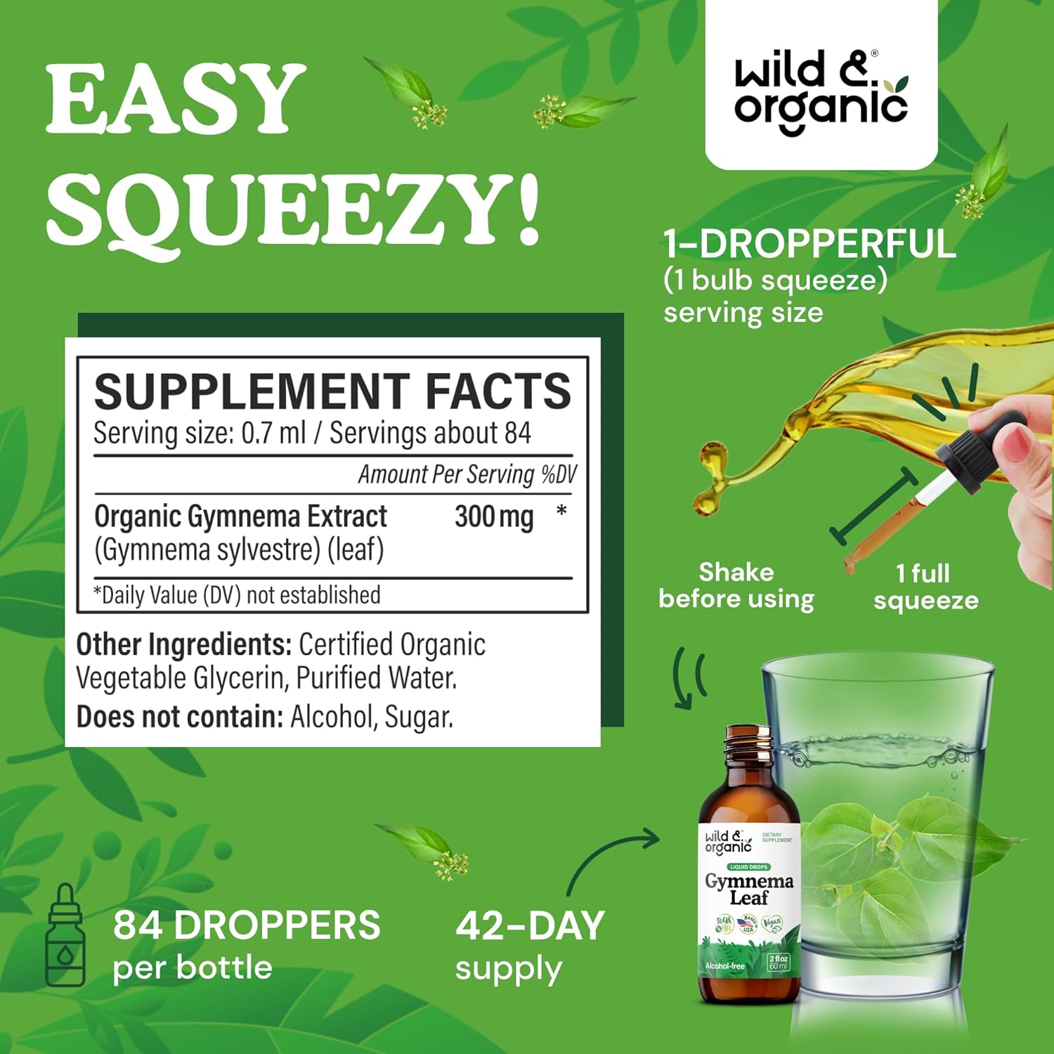 Wild & Organic Gymnema Sylvestre Extract Drops - Sugar-Free Gymnema Supplement for Overall Support - Gurmar Leaf Extract Tincture - Vegan, Alcohol-Free Liquid Drops - 2 fl oz