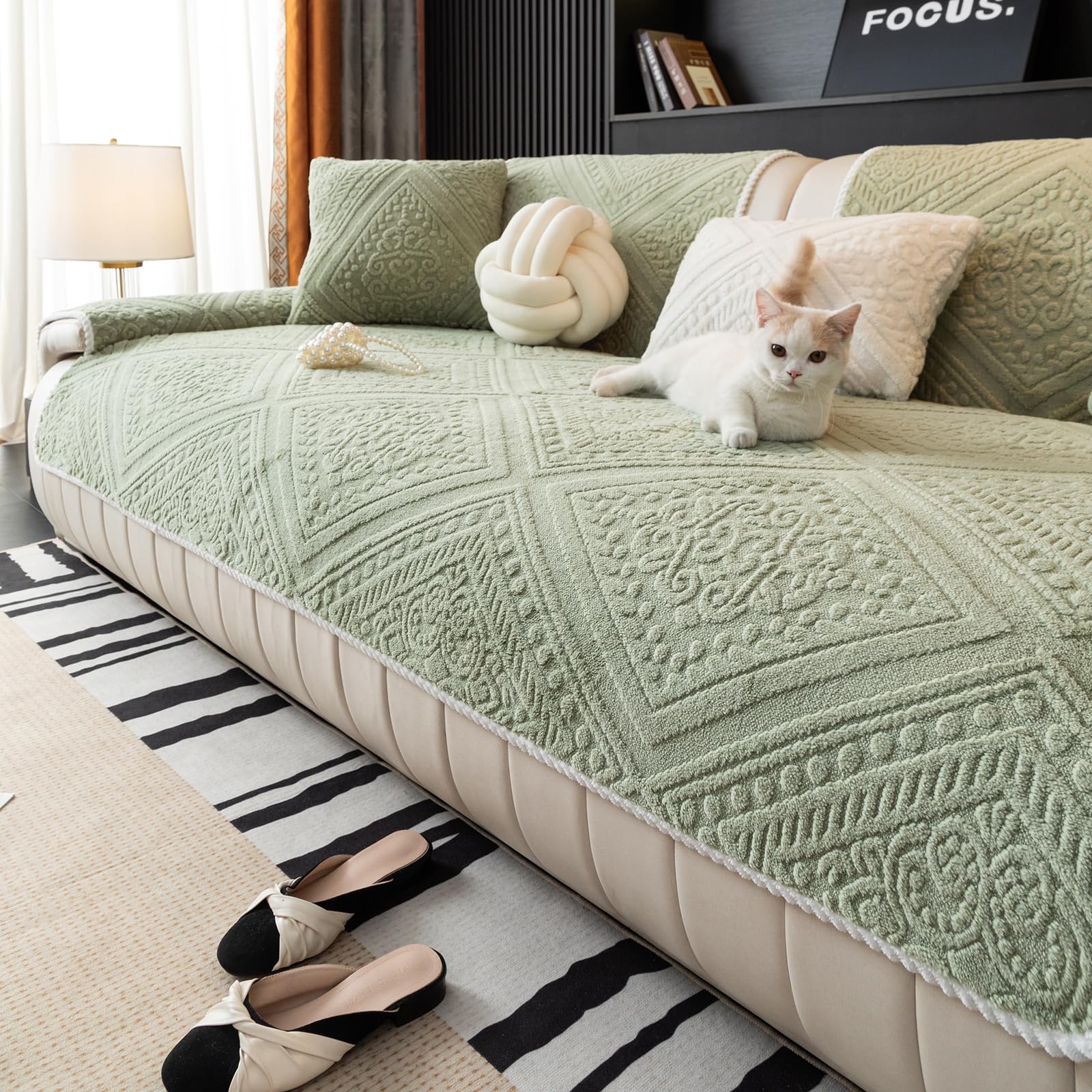 vctops Boho Plush Sofa Couch Covers Geometric Jacquard Fuzzy Couch Cover for Dogs Soft Non Slip Sectional Sofa Slipcover Cozy Washable Furniture