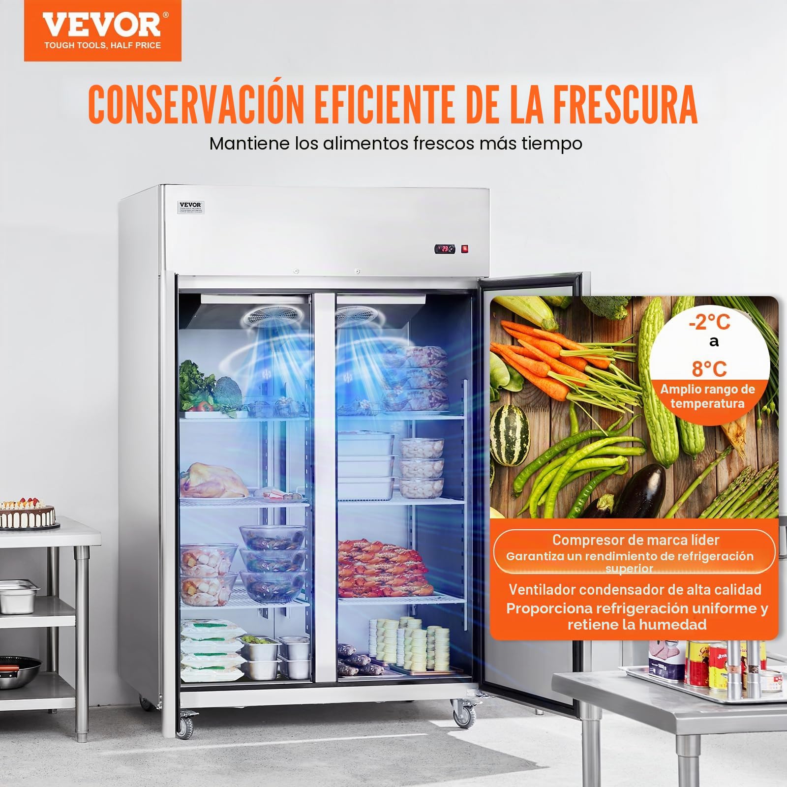 VEVOR Refrigerador Comercial de 1100 L, Vertical con 2 Puertas, Acero Inoxidable, Descongelación Automática, 6 Estantes, -2~+8°C, 1314 x 850 x 2110 mm