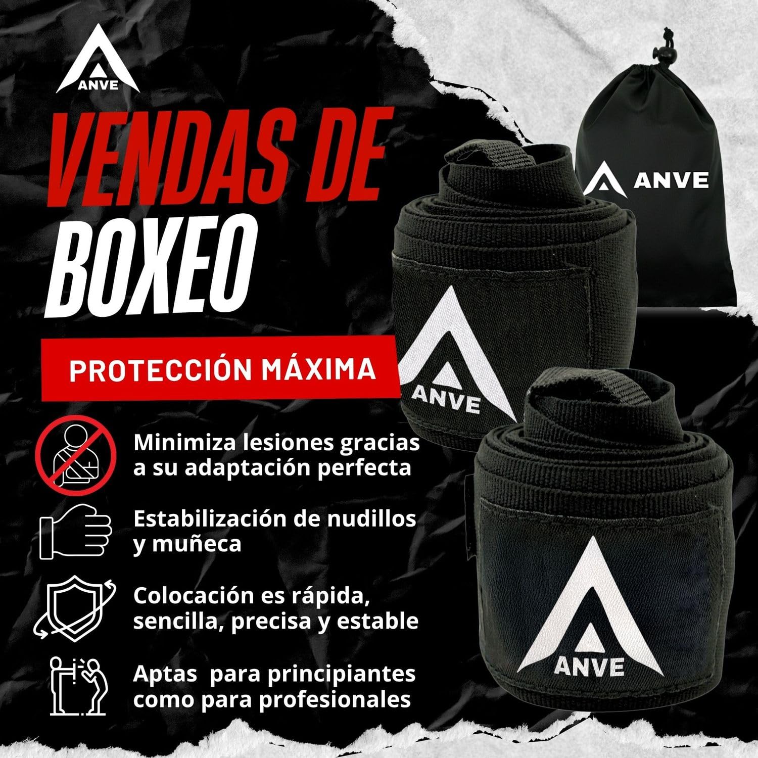 ANVE®️ Vendas Boxeo 100% Poliester + Bolsa de Almacenamiento | Vendas de Boxeo de 3 Metros para Boxeo, Muay Thai, Kick Boxing. etc. - 3