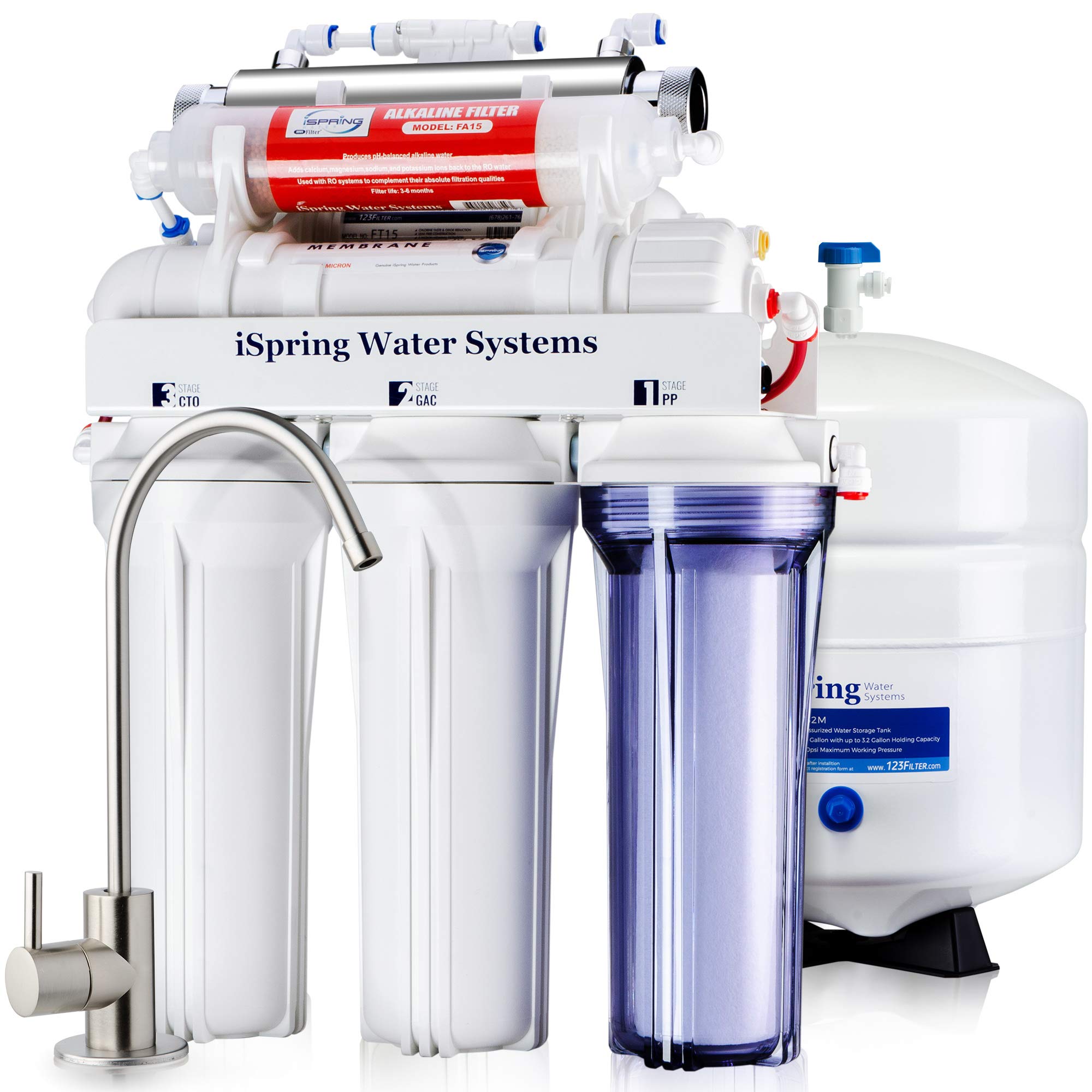Ispring Rcc7ak-Uv 7 Stage Under Sink Reverse Osmosis Drinking Water Filtration System With Alkaline Remineralization Filter And Uv Sterilizer, 75 Gpd