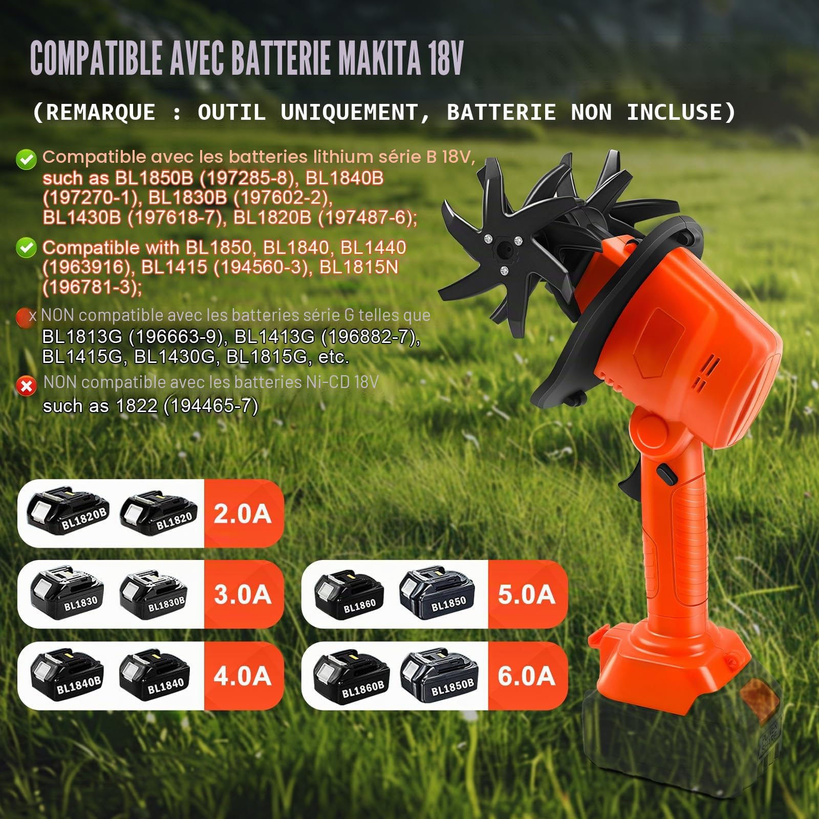 Cultivateur portable sans fil compatible avec batterie Makita 18 V (sans batterie), rotavateur de jardin de 550 W avec profondeur de traitement de 10 cm et largeur de traitement de 10 cm