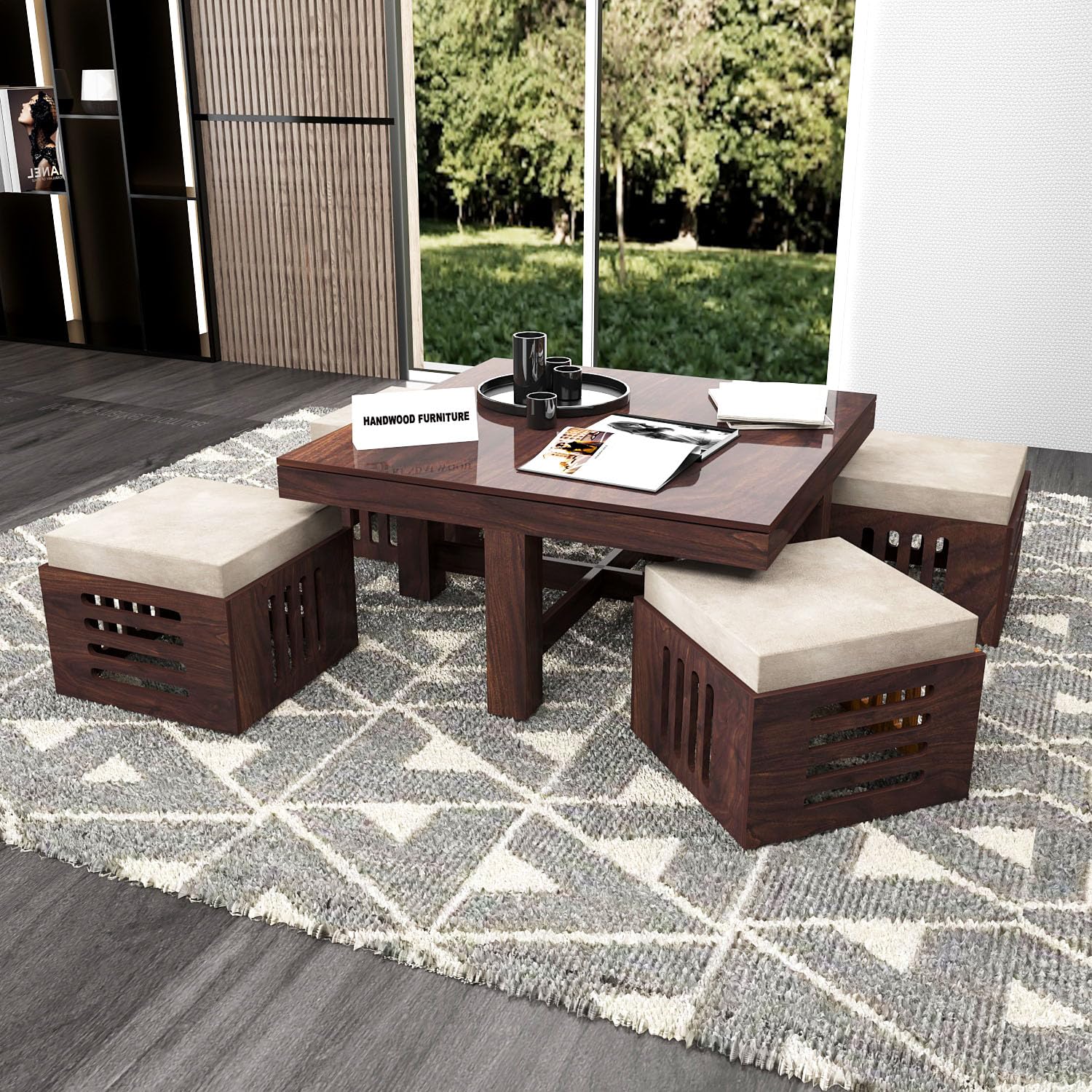 HANDWOOD FURNITURE Premium Solid Sheesham Wood Coffee Table for Living Room Wooden Tea Center Table with 4 Stool - Walnut Finish