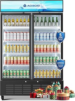 AAOBOSI 50" Wide Commercial Merchandiser Refrigerator,36.8 Cu.Ft Glass Door Display Refrigerator,Upright Beverage Fridge with Soft LED Light,Customizable Lightbox,Universal Casters, Adjustable Shelves