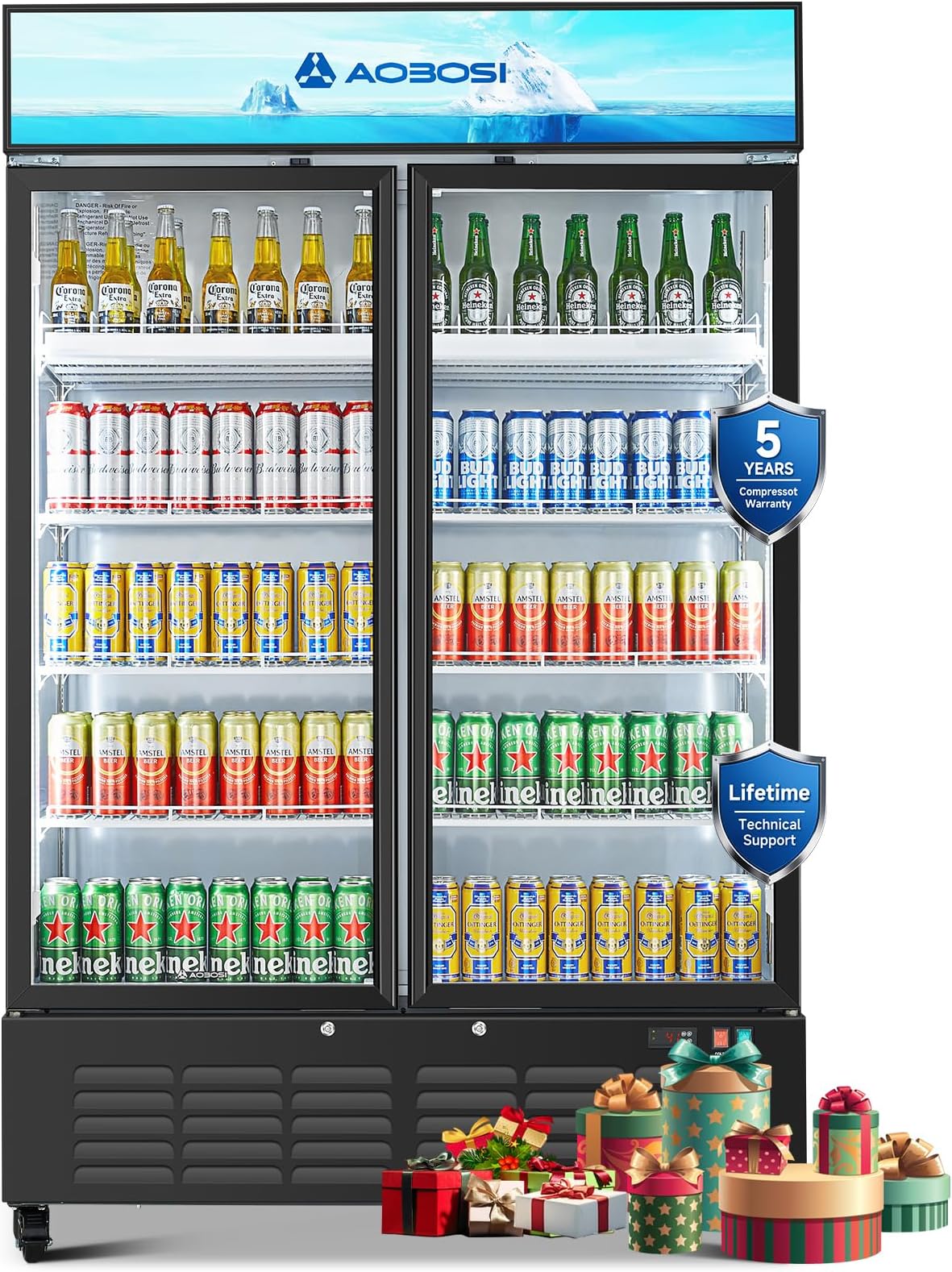 - AAOBOSI 50" Wide Commercial Merchandiser Refrigerator,36.8 Cu.Ft Glass Door Display Refrigerator,Upright Beverage Fridge with Soft LED Light,Customizable Lightbox,Universal Casters, Adjustable Shelves