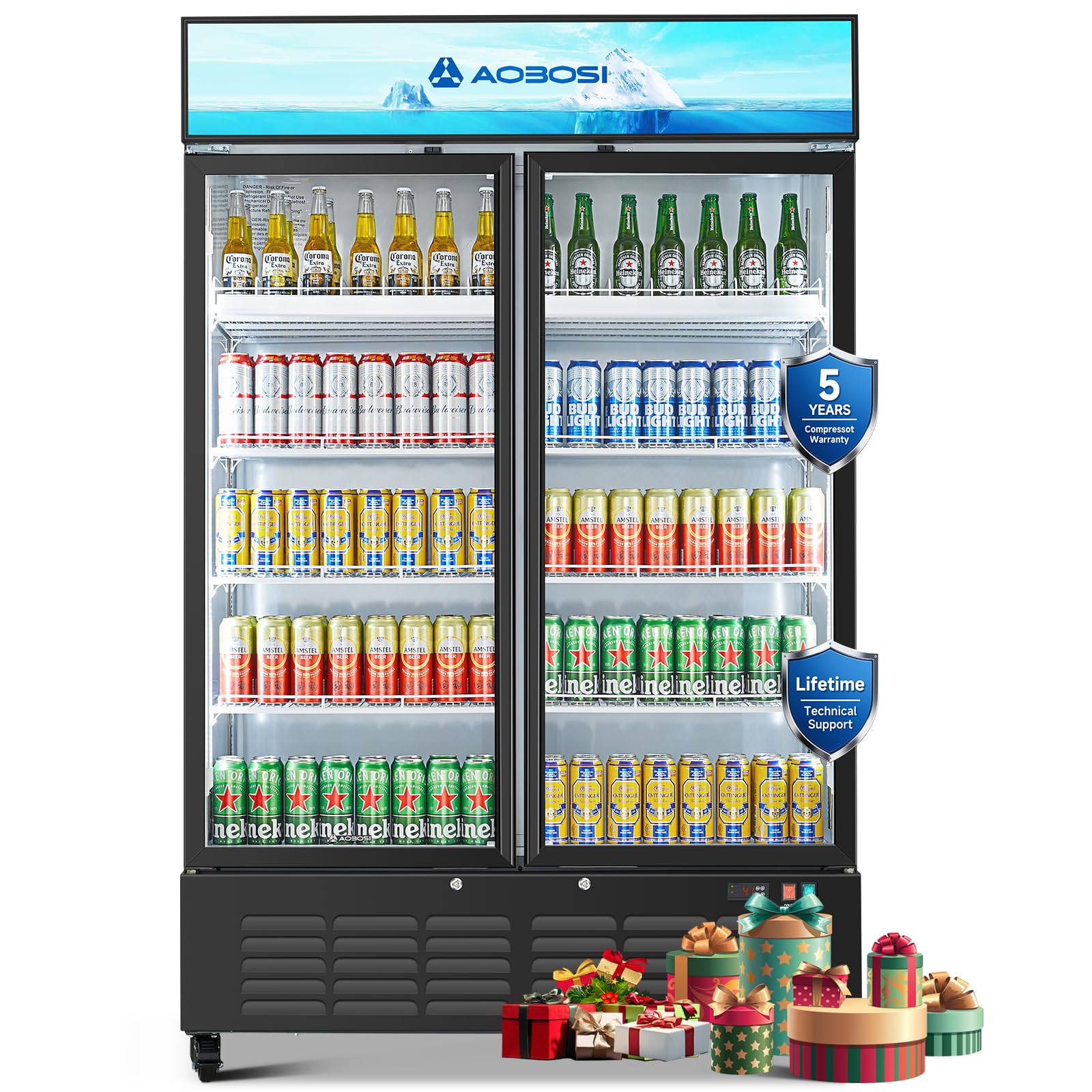 - 50" Wide Commercial Merchandiser Refrigerator,36.8 Cu.Ft Glass Door Display Refrigerator,Upright Beverage Fridge with Soft LED Light,Customizable Lightbox,Universal Casters, Adjustable Shelves