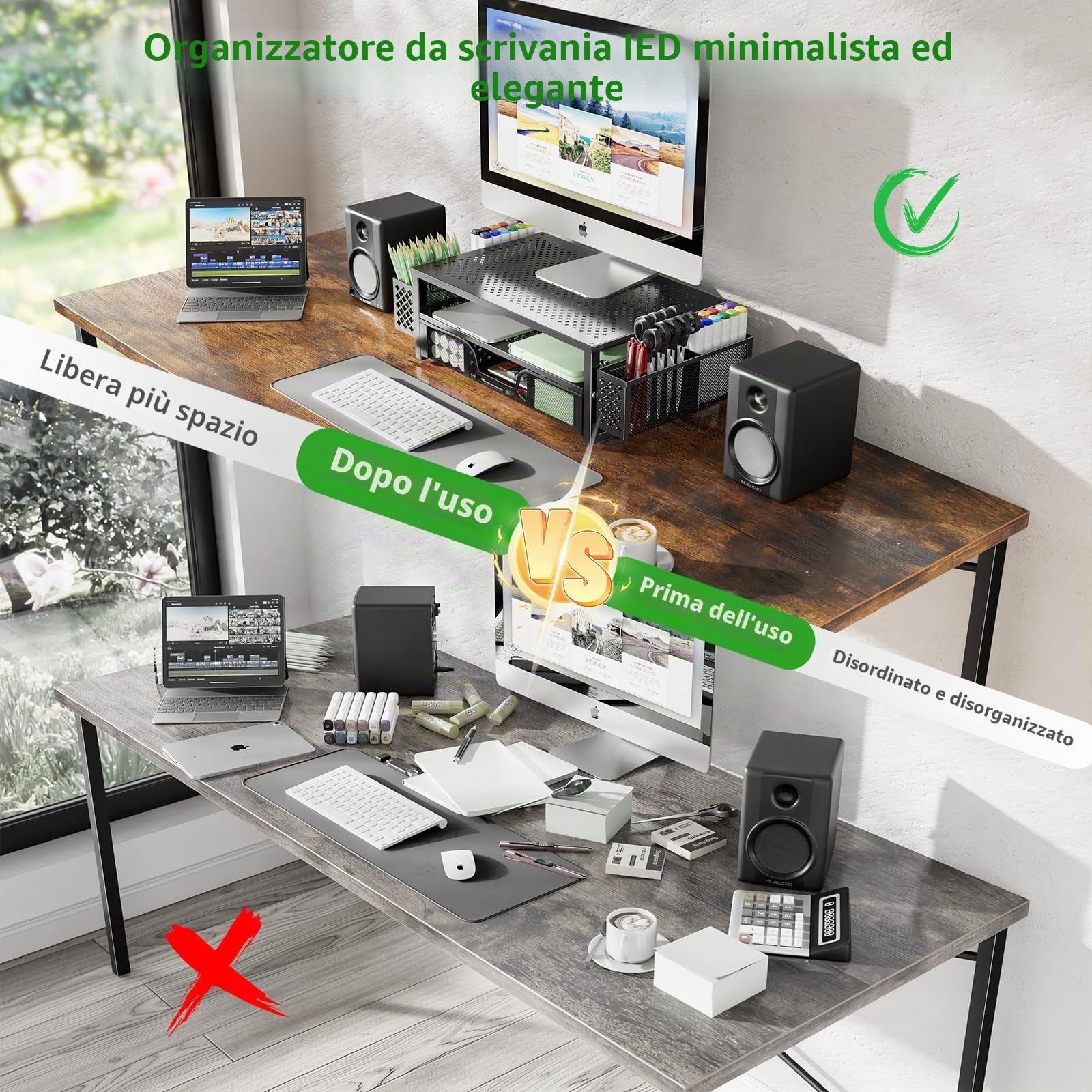 Simple Trending Supporto per monitor in metallo a 2 ripiani e organizer da scrivania per computer, con cassetto e portapenne, per computer portatile, computer, iMac, nero
