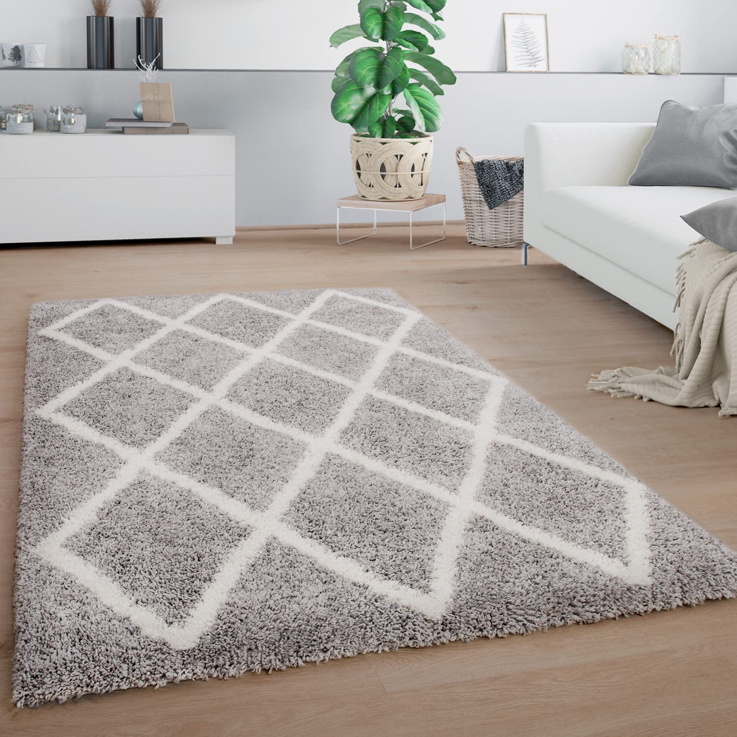 Paco Home Teppich Wohnzimmer, Schlafzimmer/Hochflor Shaggy in versch. Designs Farben und Größen, Grösse:60x100 cm, Farbe:Grau-Weiß