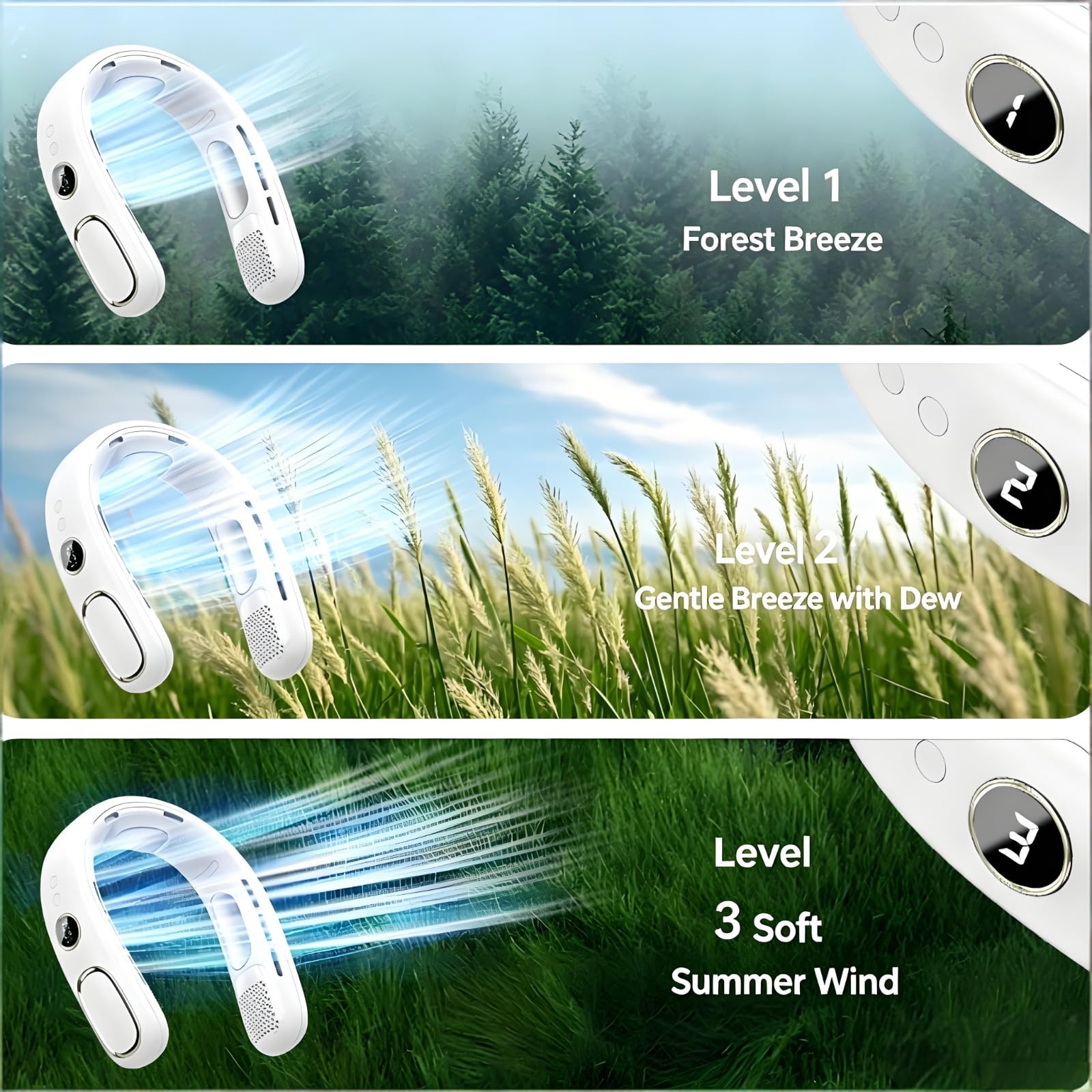 Ventilatore da collo senza pale con raffreddamento a semiconduttore, 3 velocità del vento, ventilatore portatile, ventilatore sportivo per esterni, adatto per ufficio, viaggi, sport e attività all'