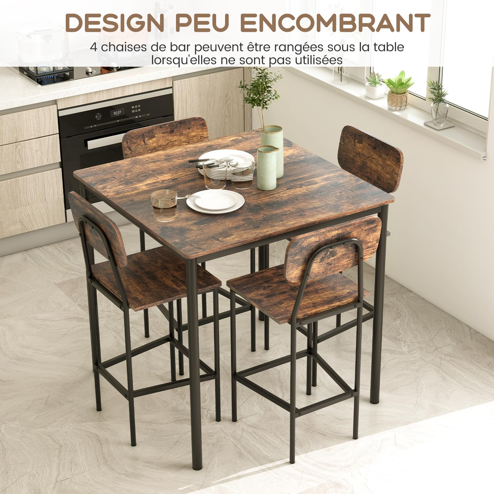 COSTWAY Ensemble Table et 4 Chaises, Table Haute Cuisine 90 x 90 cm, Tabouret avec Dossier, Mange Debout pour 4 Personnes, Design Compact, pour Cuisine, Bistro, Salon, Bar (Marron foncé)