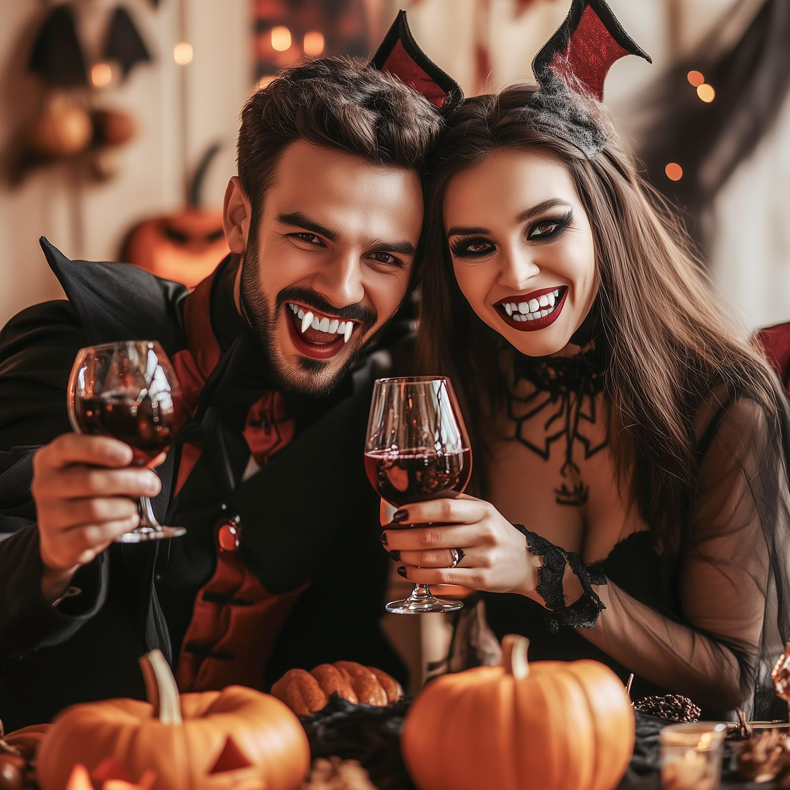 12 par zębów wampirów na Halloween, 4 rozmiary, wampiry, cosplay, pellet, klej do cosplay, rekwizyty, Halloween, demony, czarownica