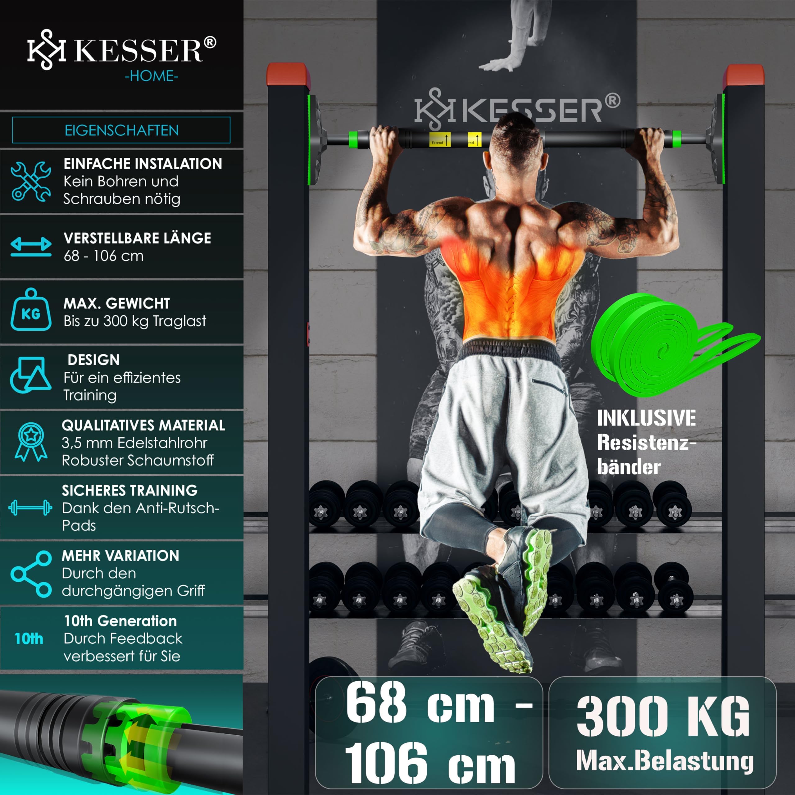KESSER® Barra per trazioni regolabile, telaio porta allungabile 68-106 cm, 300 kg, maniglie antiscivolo