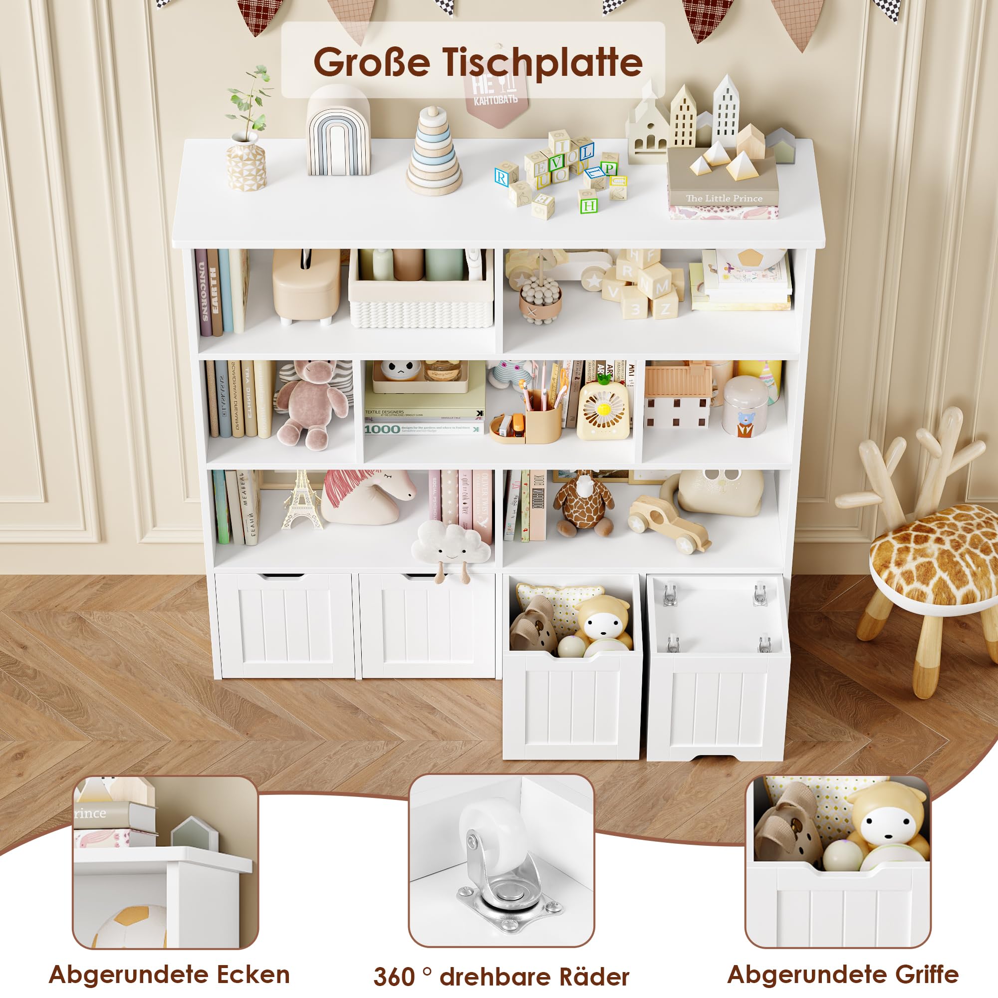 FOREHILL Kinderregal 4 Ebenen, Kinderzimmer Möbel, Bücherregal für Kinder | Kinderschrank mit Boxen auf Rollen, Spielzeug Aufbewahrung für Kinderzimmer, Kindergarten, Leseecke 125,5x33x118cm Weiß
