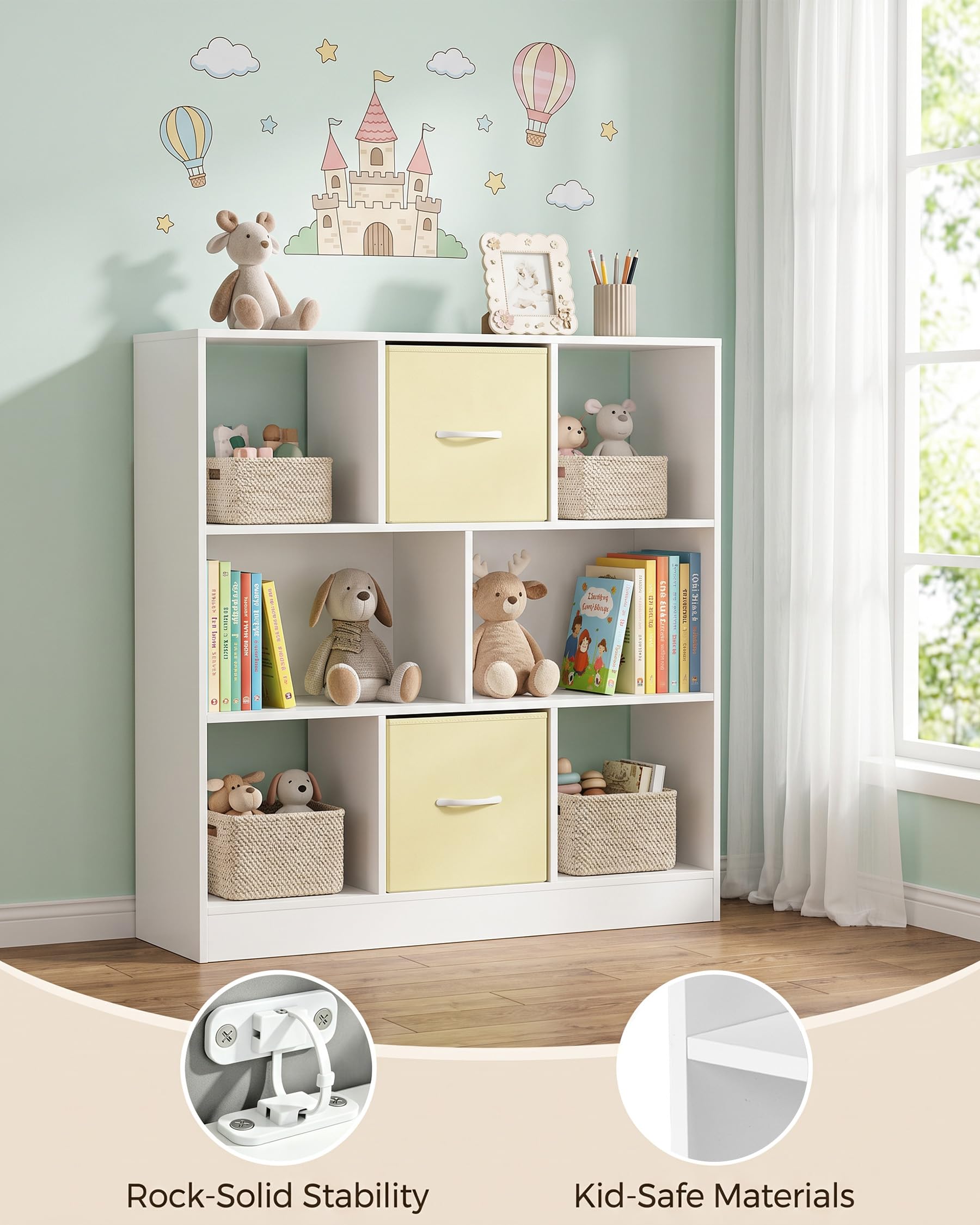 Estanteria Infantil y Juvenil Estanteria Libros Infantil con 2 Cajones de Tela Mueble Organizador Juguetes Multiuso para Habitacion y Salon Estructura Estable 97.5 x 30 x 100 cm Blanco